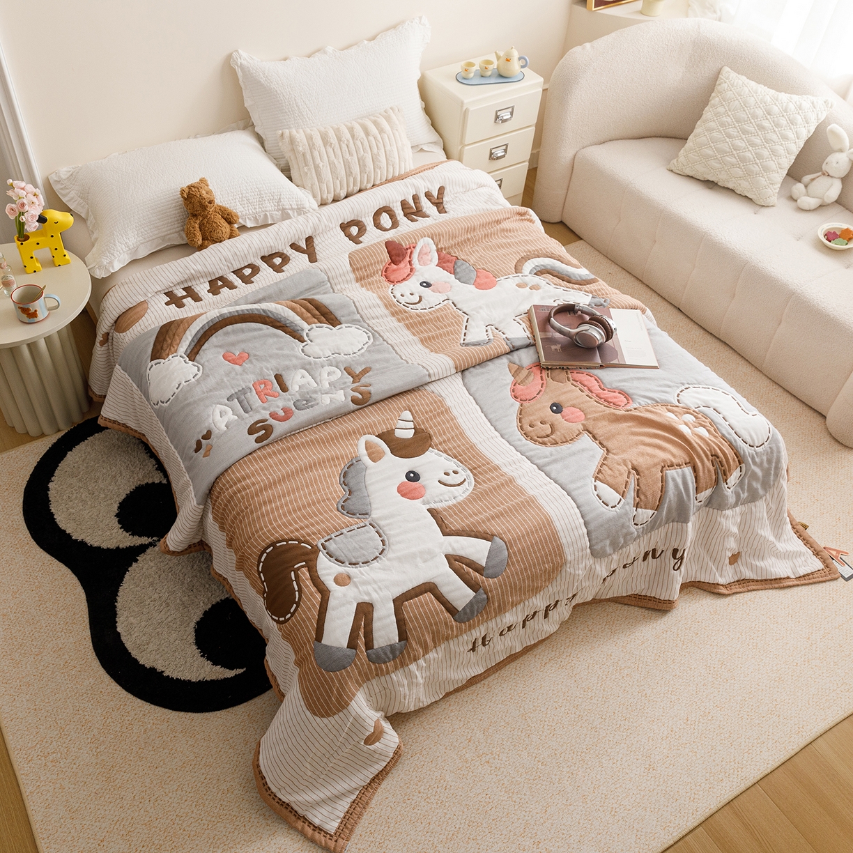 91家纺网 家纺一手货源 找家纺 朴尔家纺-毛巾被 2026新品纯棉云朵棉卡通独版十层加厚纱布泡芙被毛巾被 彩虹马