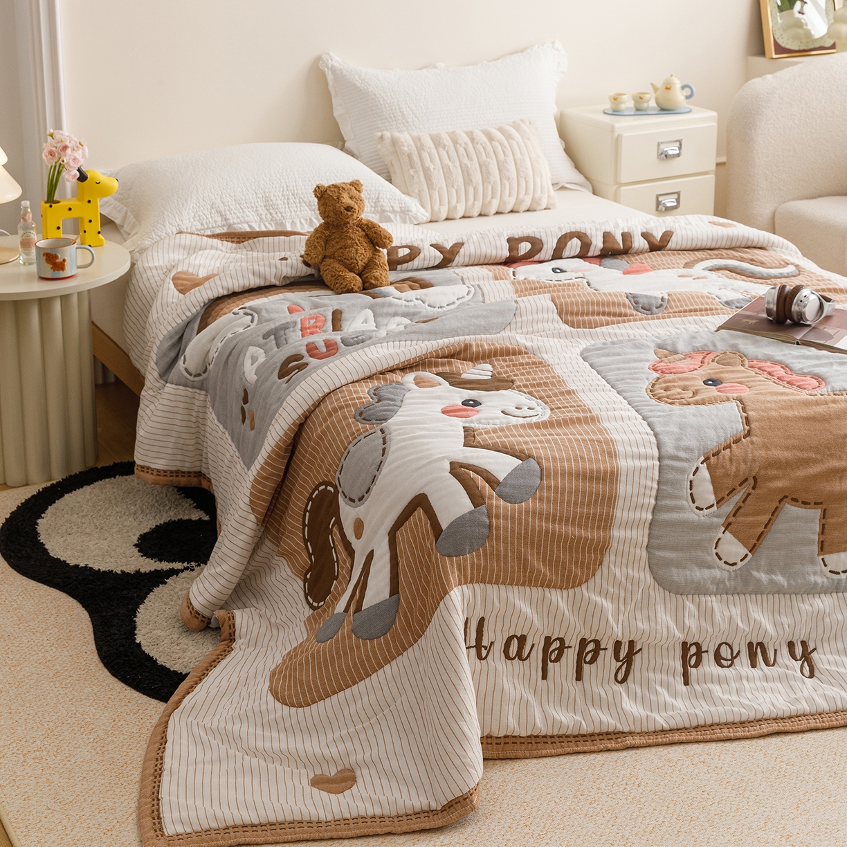 91家纺网 家纺一手货源 找家纺 朴尔家纺-毛巾被 2026新品纯棉云朵棉卡通独版十层加厚纱布泡芙被毛巾被 彩虹马