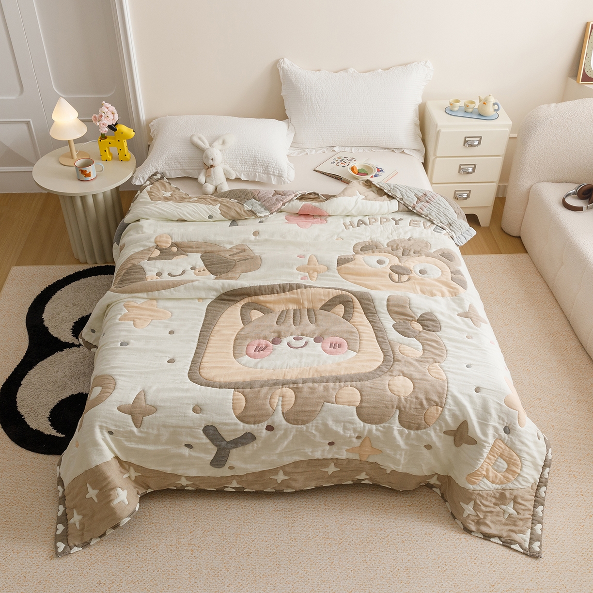 朴尔家纺-毛巾被 2026新品纯棉云朵棉卡通独版十层加厚纱布泡芙被毛巾被 大脸猫