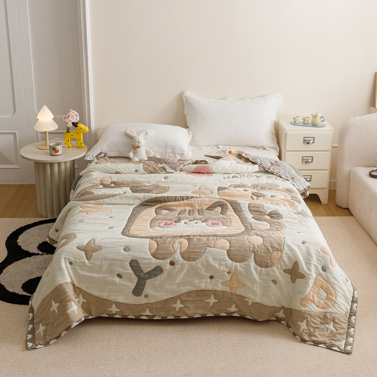 91家纺网 家纺一手货源 找家纺 朴尔家纺-毛巾被 2026新品纯棉云朵棉卡通独版十层加厚纱布泡芙被毛巾被 大脸猫