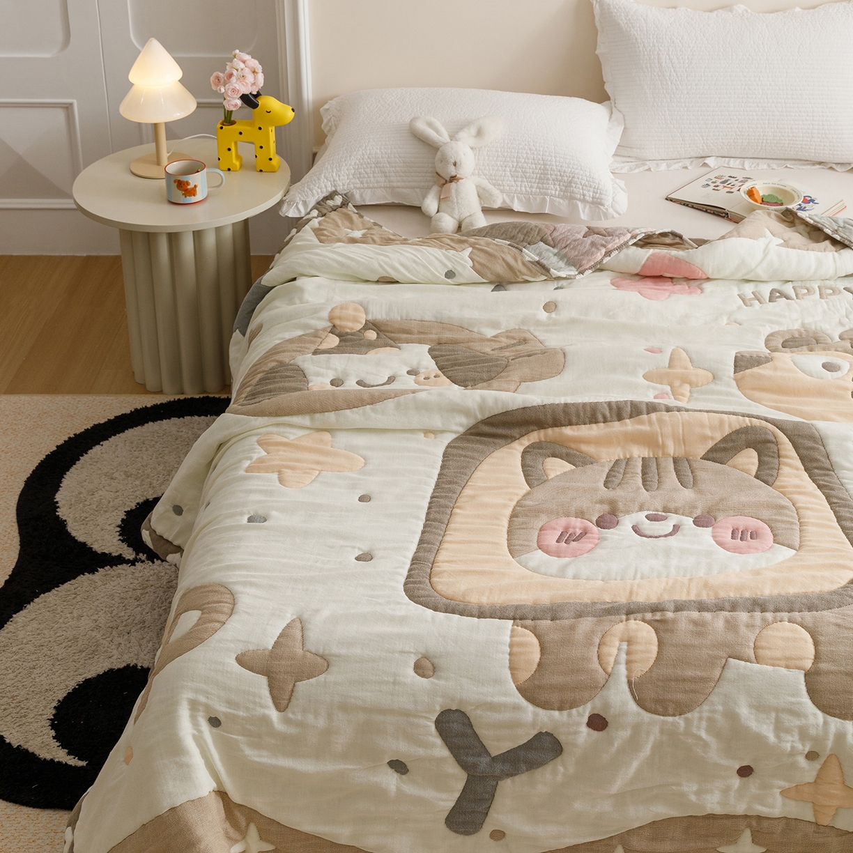 91家纺网 家纺一手货源 找家纺 朴尔家纺-毛巾被 2026新品纯棉云朵棉卡通独版十层加厚纱布泡芙被毛巾被 大脸猫