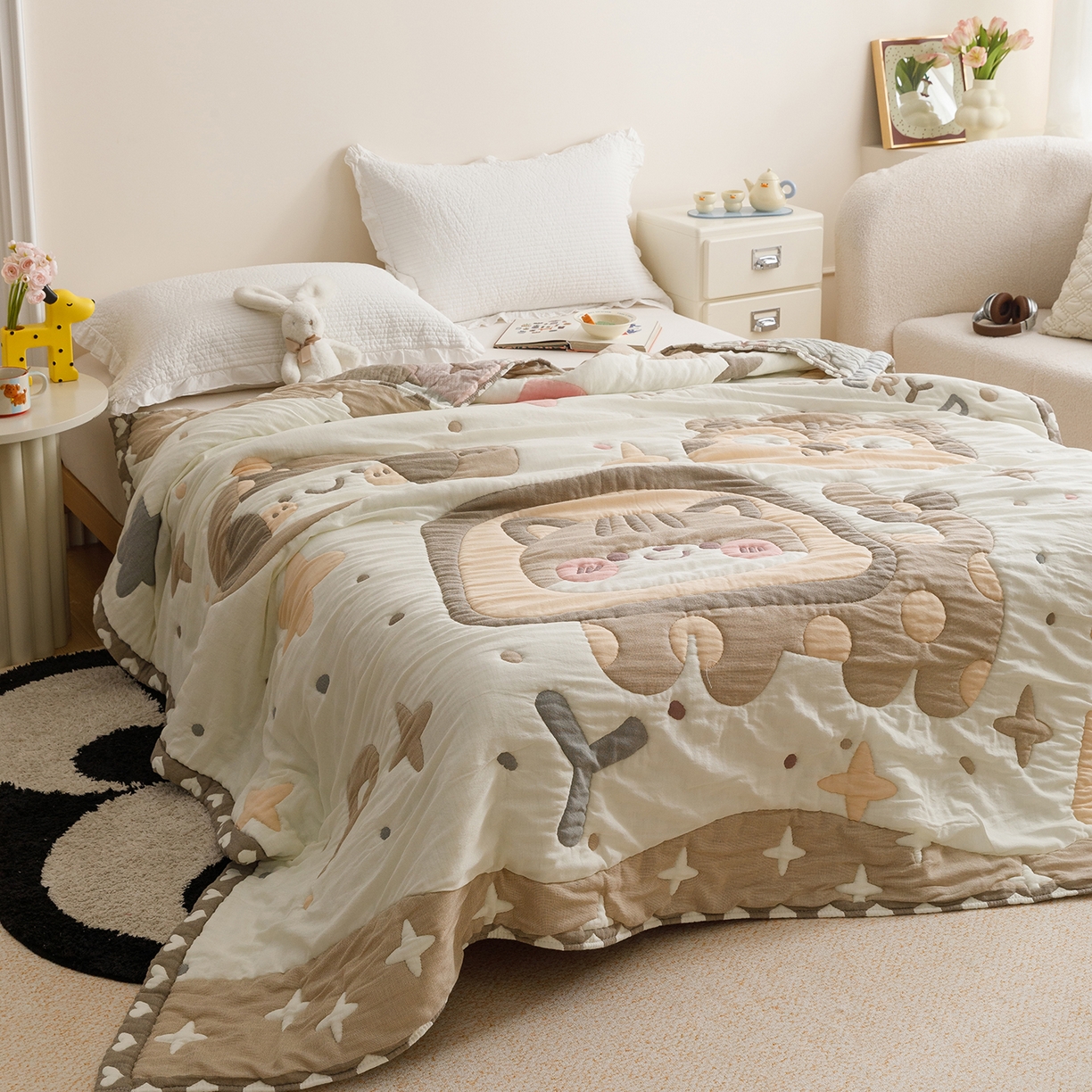 91家纺网 家纺一手货源 找家纺 朴尔家纺-毛巾被 2026新品纯棉云朵棉卡通独版十层加厚纱布泡芙被毛巾被 大脸猫