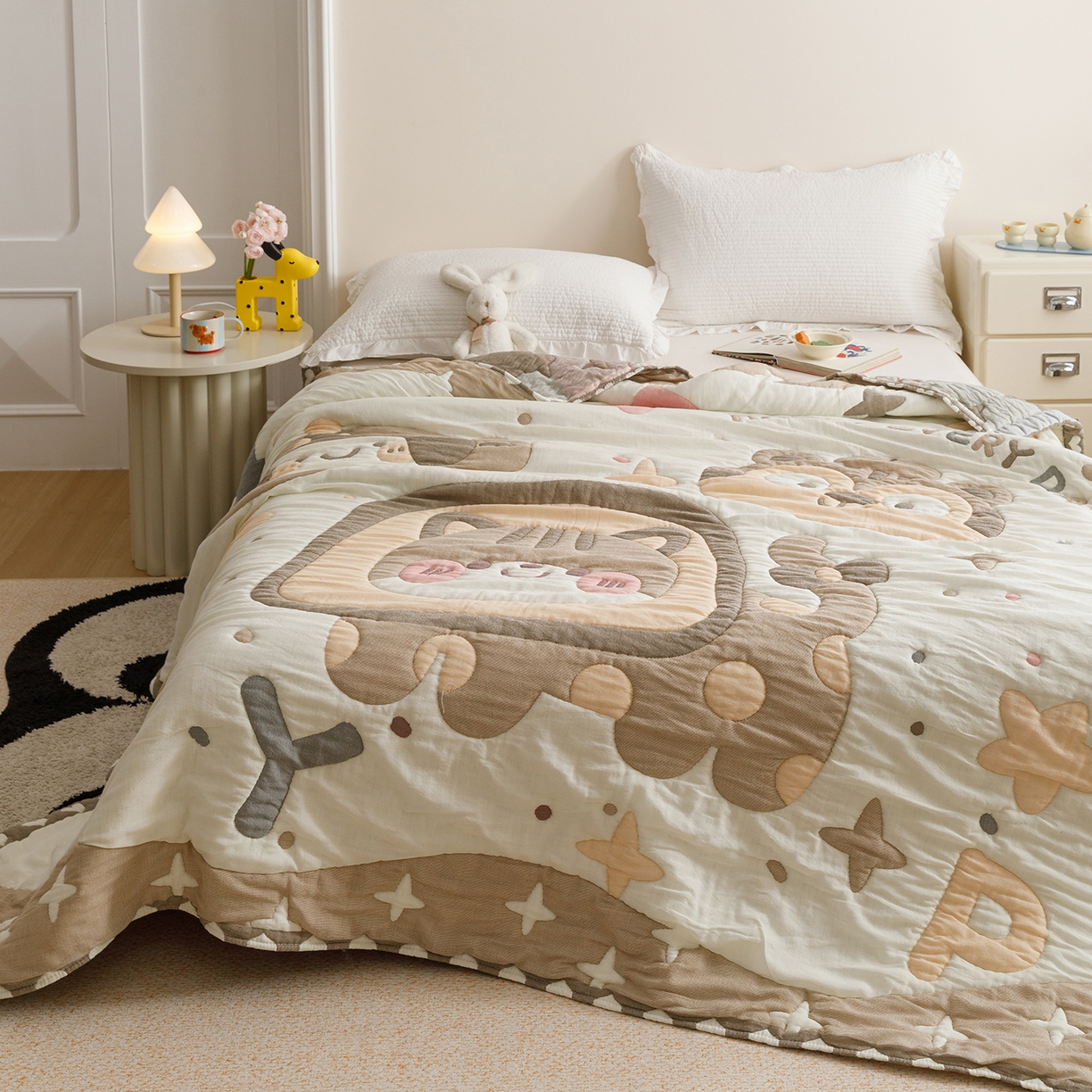 91家纺网 家纺一手货源 找家纺 朴尔家纺-毛巾被 2026新品纯棉云朵棉卡通独版十层加厚纱布泡芙被毛巾被 大脸猫