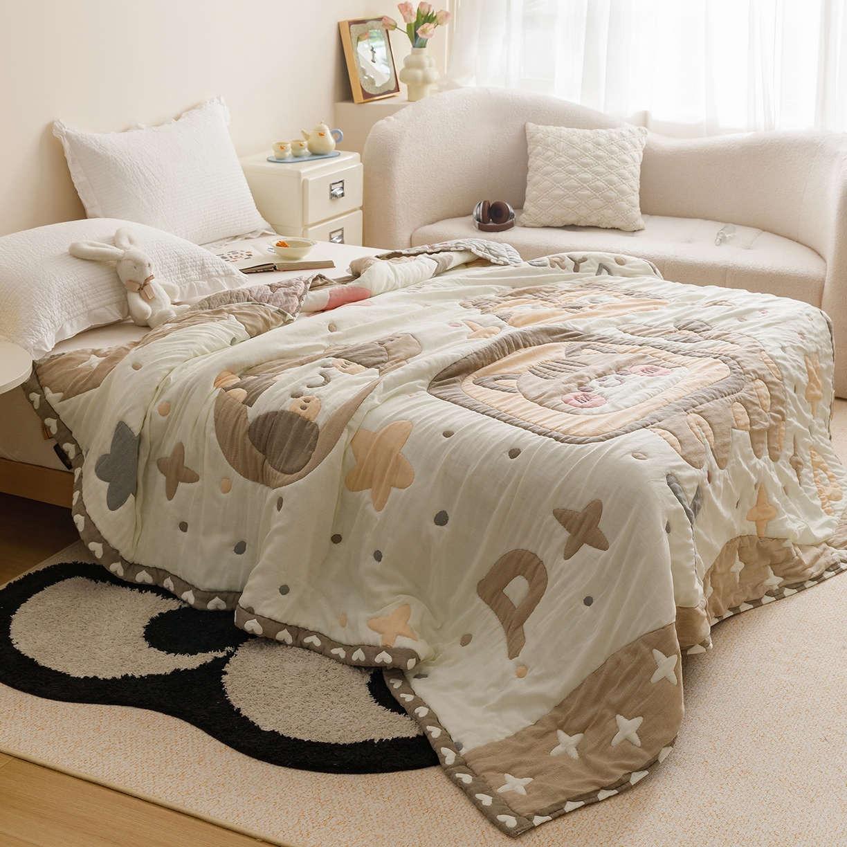 91家纺网 家纺一手货源 找家纺 朴尔家纺-毛巾被 2026新品纯棉云朵棉卡通独版十层加厚纱布泡芙被毛巾被 大脸猫