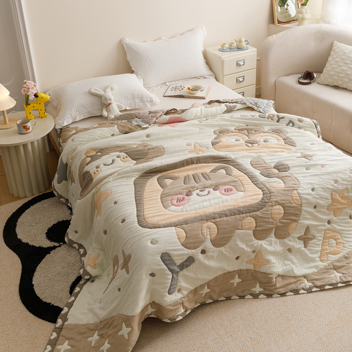 91家纺网 家纺一手货源 找家纺 朴尔家纺-毛巾被 2026新品纯棉云朵棉卡通独版十层加厚纱布泡芙被毛巾被 大脸猫