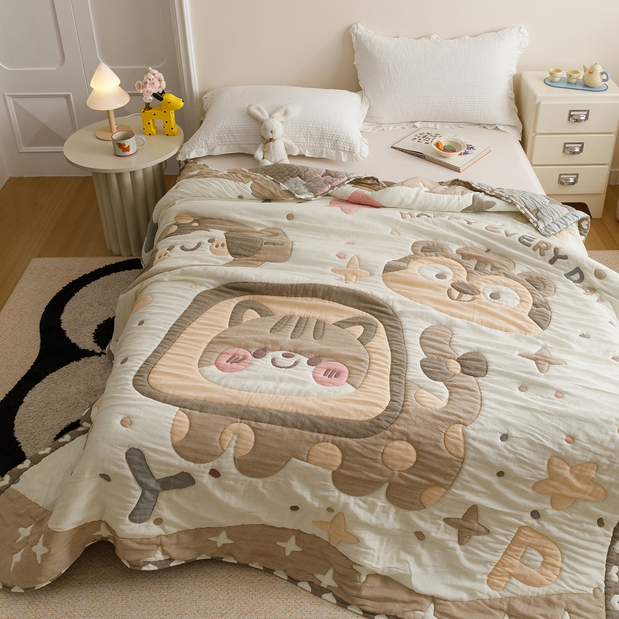 91家纺网 家纺一手货源 找家纺 朴尔家纺-毛巾被 2026新品纯棉云朵棉卡通独版十层加厚纱布泡芙被毛巾被 大脸猫