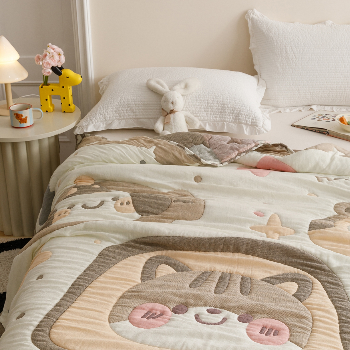 91家纺网 家纺一手货源 找家纺 朴尔家纺-毛巾被 2026新品纯棉云朵棉卡通独版十层加厚纱布泡芙被毛巾被 大脸猫