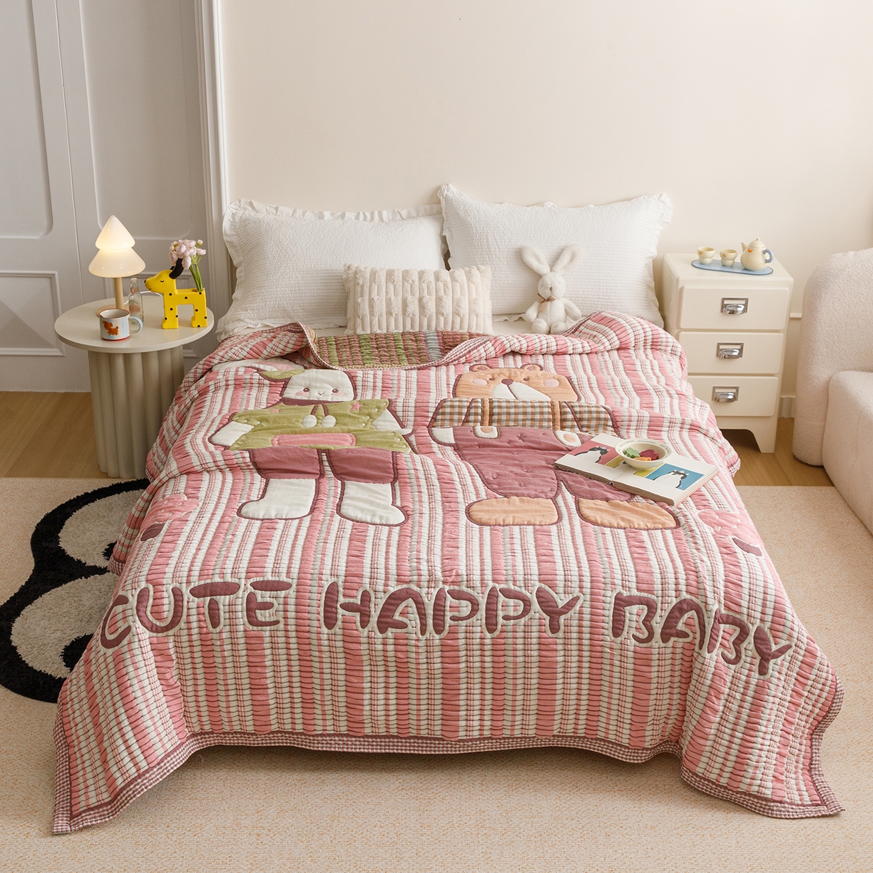 91家纺网 家纺一手货源 找家纺 朴尔家纺-毛巾被 2026新品纯棉云朵棉卡通独版十层加厚纱布泡芙被毛巾被 粉色条纹伙伴