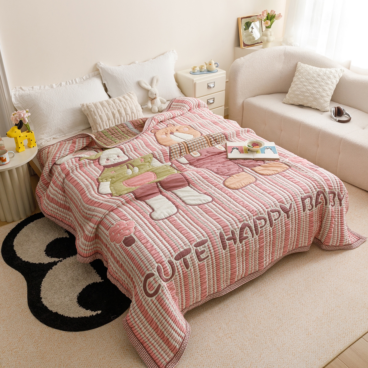 91家纺网 家纺一手货源 找家纺 朴尔家纺-毛巾被 2026新品纯棉云朵棉卡通独版十层加厚纱布泡芙被毛巾被 粉色条纹伙伴