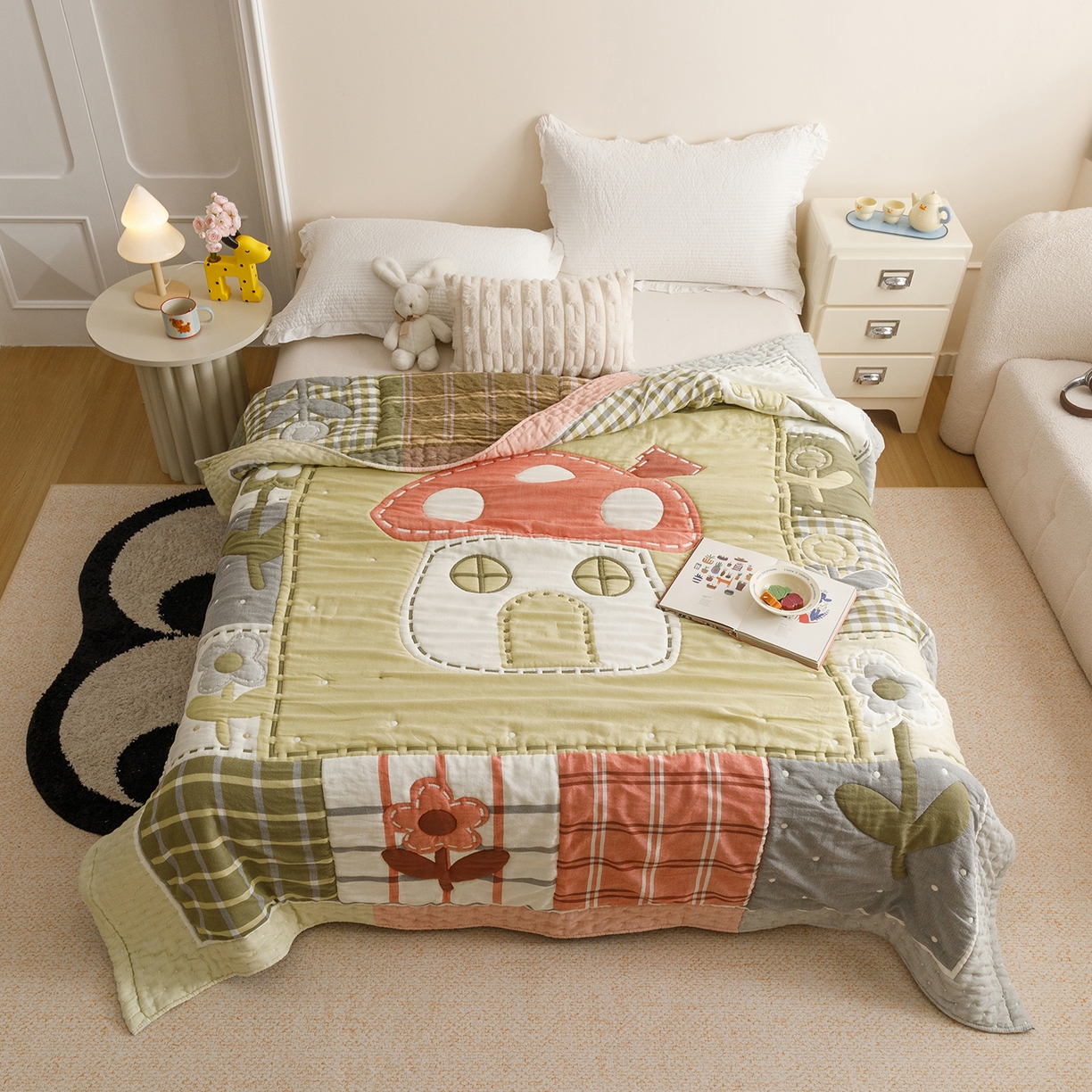 朴尔家纺-毛巾被 2026新品纯棉云朵棉卡通独版十层加厚纱布泡芙被毛巾被 花间蘑菇