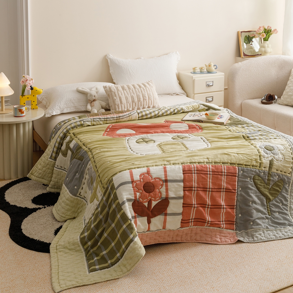 91家纺网 家纺一手货源 找家纺 朴尔家纺-毛巾被 2026新品纯棉云朵棉卡通独版十层加厚纱布泡芙被毛巾被 花间蘑菇