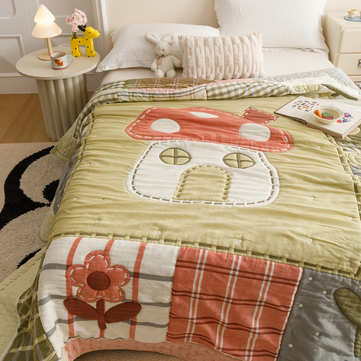 91家纺网 家纺一手货源 找家纺 朴尔家纺-毛巾被 2026新品纯棉云朵棉卡通独版十层加厚纱布泡芙被毛巾被 花间蘑菇