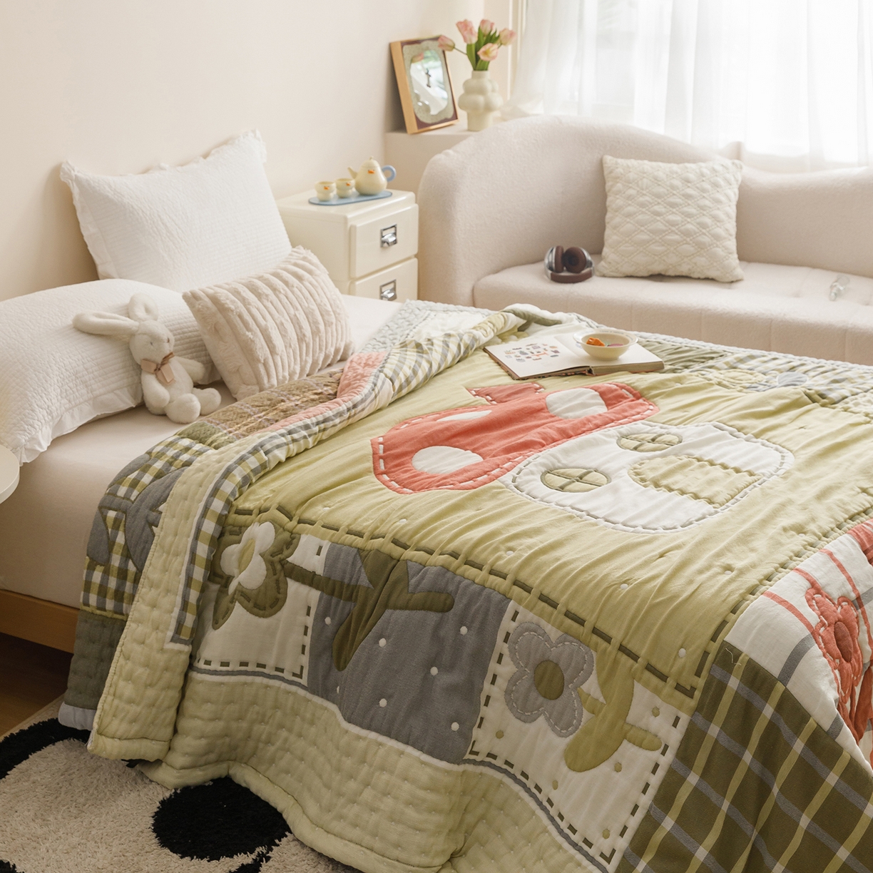 91家纺网 家纺一手货源 找家纺 朴尔家纺-毛巾被 2026新品纯棉云朵棉卡通独版十层加厚纱布泡芙被毛巾被 花间蘑菇