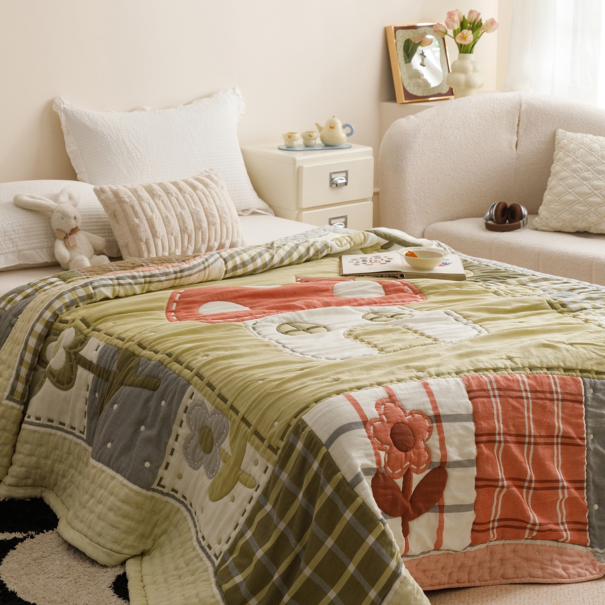 91家纺网 家纺一手货源 找家纺 朴尔家纺-毛巾被 2026新品纯棉云朵棉卡通独版十层加厚纱布泡芙被毛巾被 花间蘑菇