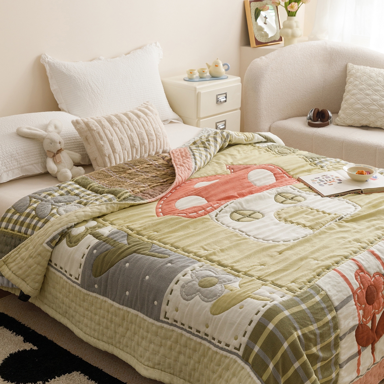 91家纺网 家纺一手货源 找家纺 朴尔家纺-毛巾被 2026新品纯棉云朵棉卡通独版十层加厚纱布泡芙被毛巾被 花间蘑菇