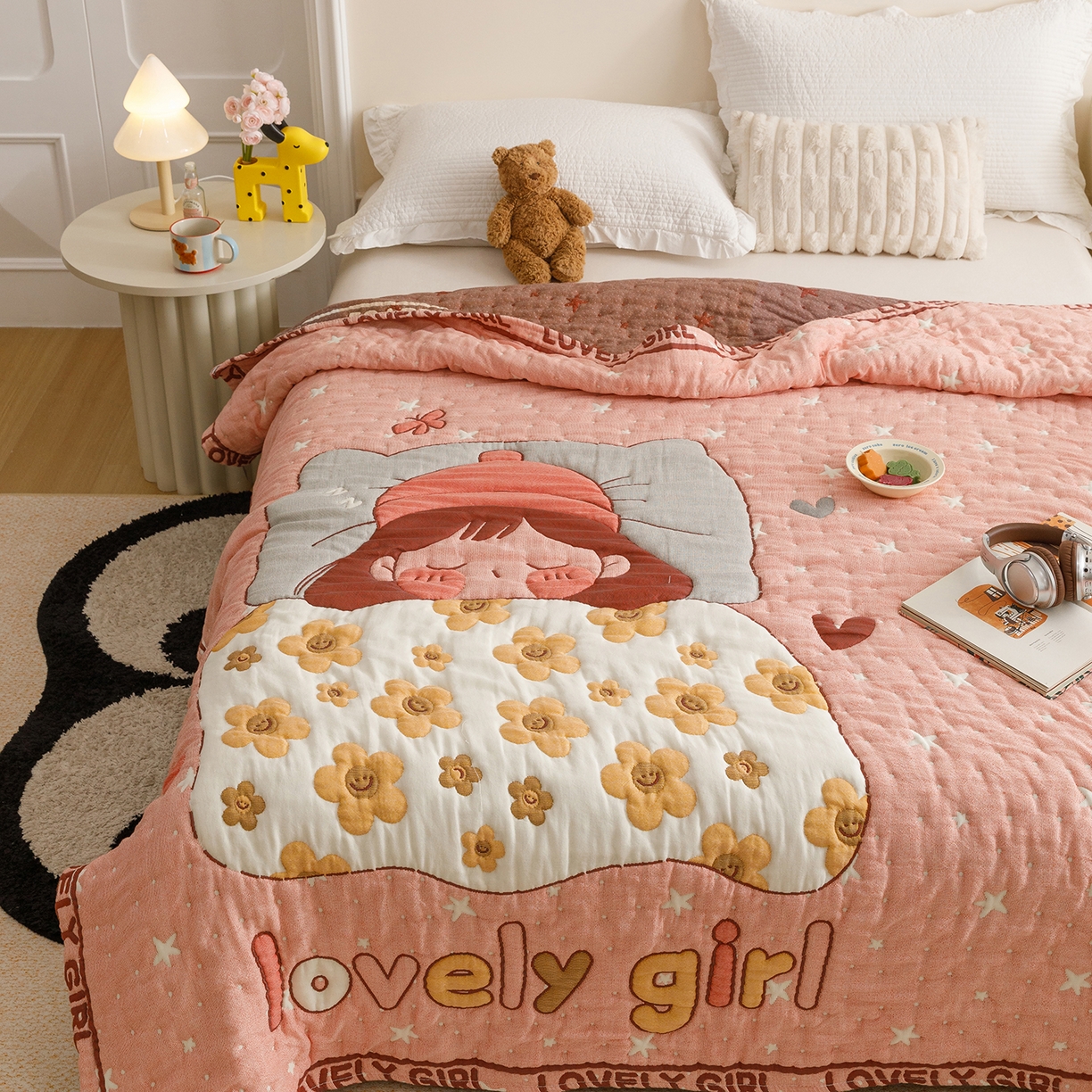 91家纺网 家纺一手货源 找家纺 朴尔家纺-毛巾被 2026新品纯棉云朵棉卡通独版十层加厚纱布泡芙被毛巾被 花月眠