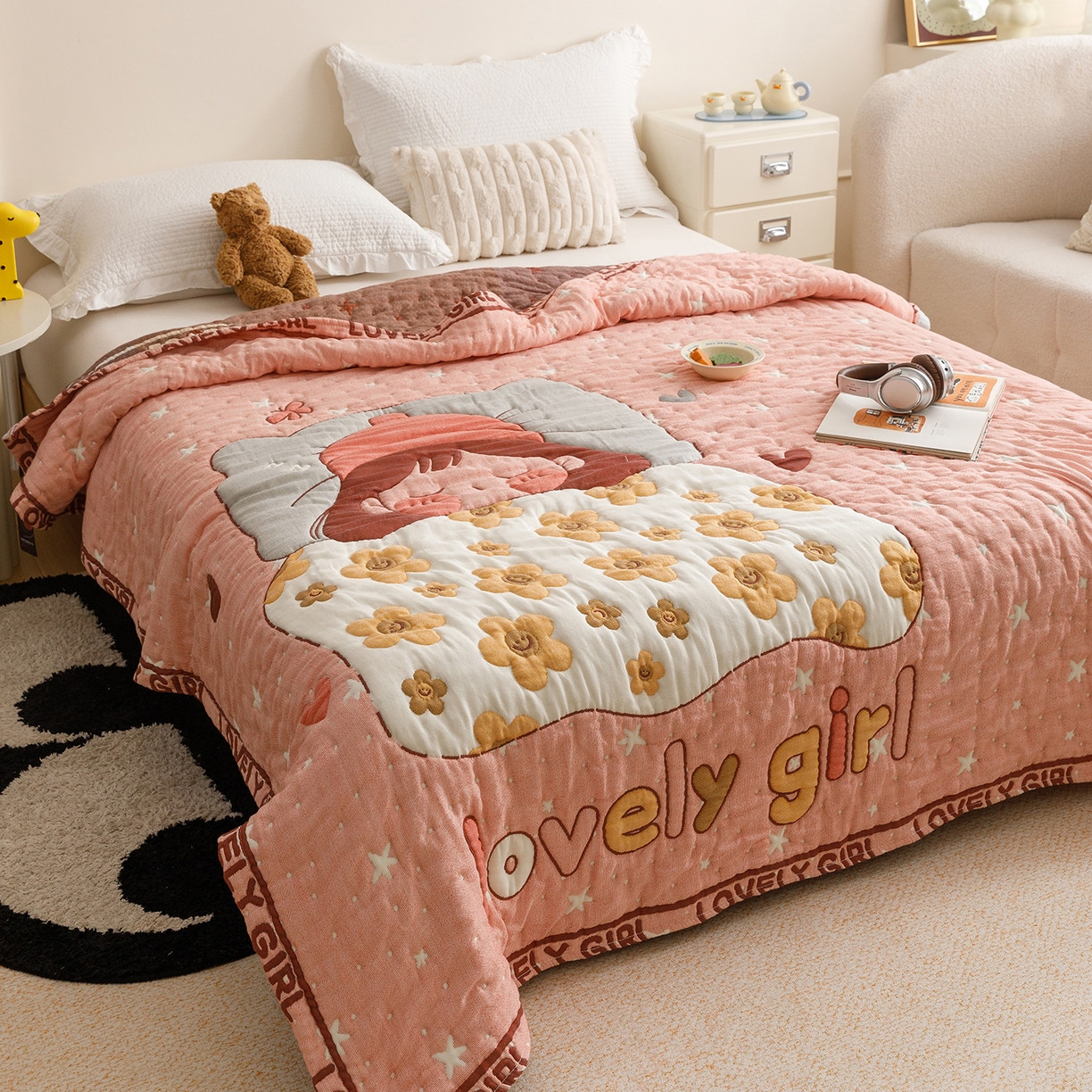 91家纺网 家纺一手货源 找家纺 朴尔家纺-毛巾被 2026新品纯棉云朵棉卡通独版十层加厚纱布泡芙被毛巾被 花月眠