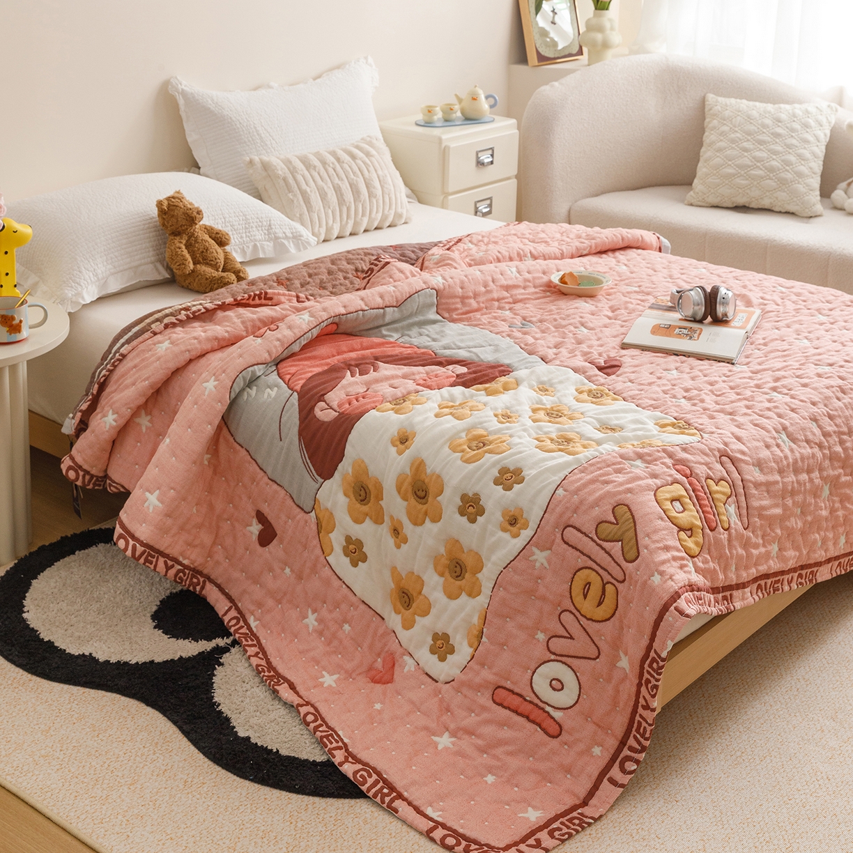 91家纺网 家纺一手货源 找家纺 朴尔家纺-毛巾被 2026新品纯棉云朵棉卡通独版十层加厚纱布泡芙被毛巾被 花月眠