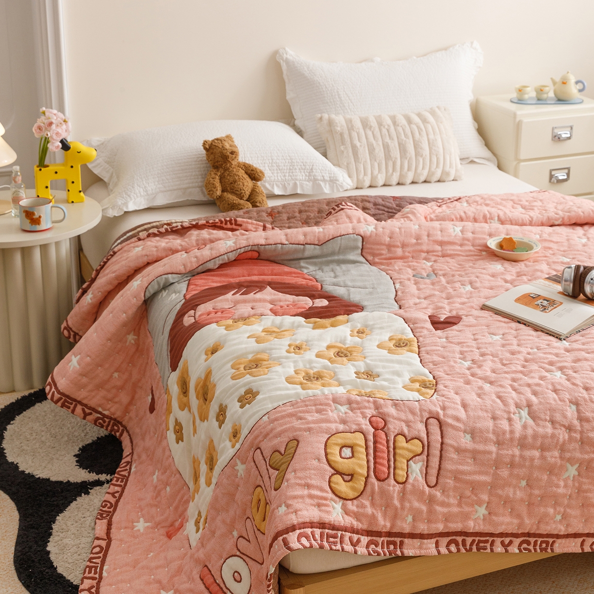 91家纺网 家纺一手货源 找家纺 朴尔家纺-毛巾被 2026新品纯棉云朵棉卡通独版十层加厚纱布泡芙被毛巾被 花月眠