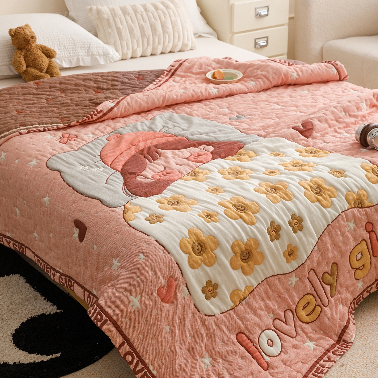 91家纺网 家纺一手货源 找家纺 朴尔家纺-毛巾被 2026新品纯棉云朵棉卡通独版十层加厚纱布泡芙被毛巾被 花月眠