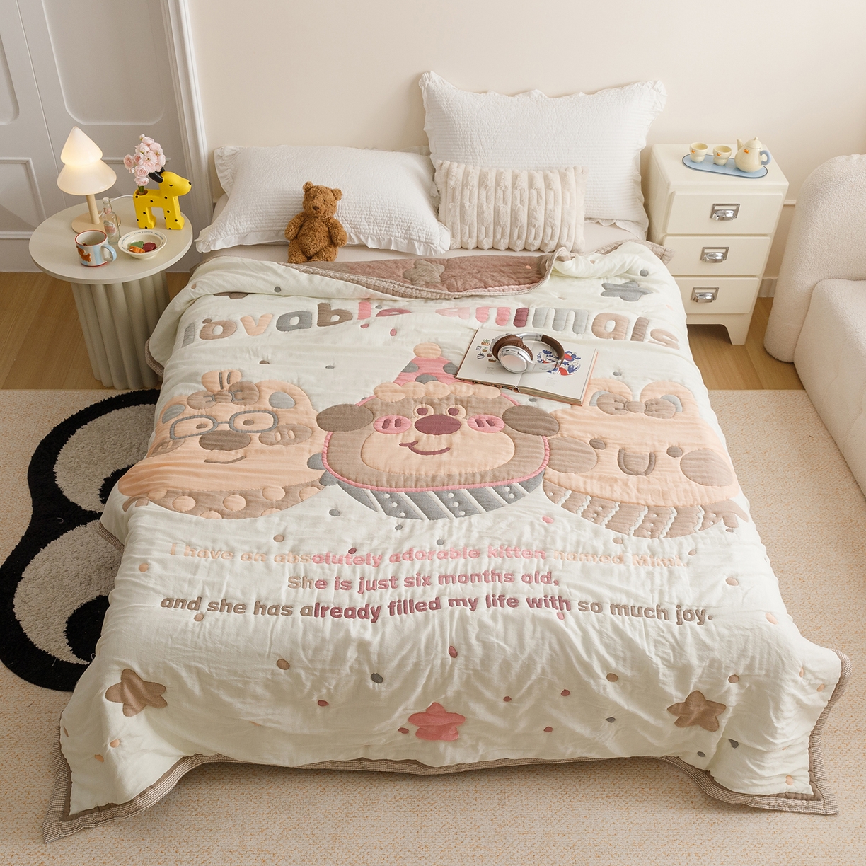 朴尔家纺-毛巾被 2026新品纯棉云朵棉卡通独版十层加厚纱布泡芙被毛巾被 欢乐动物