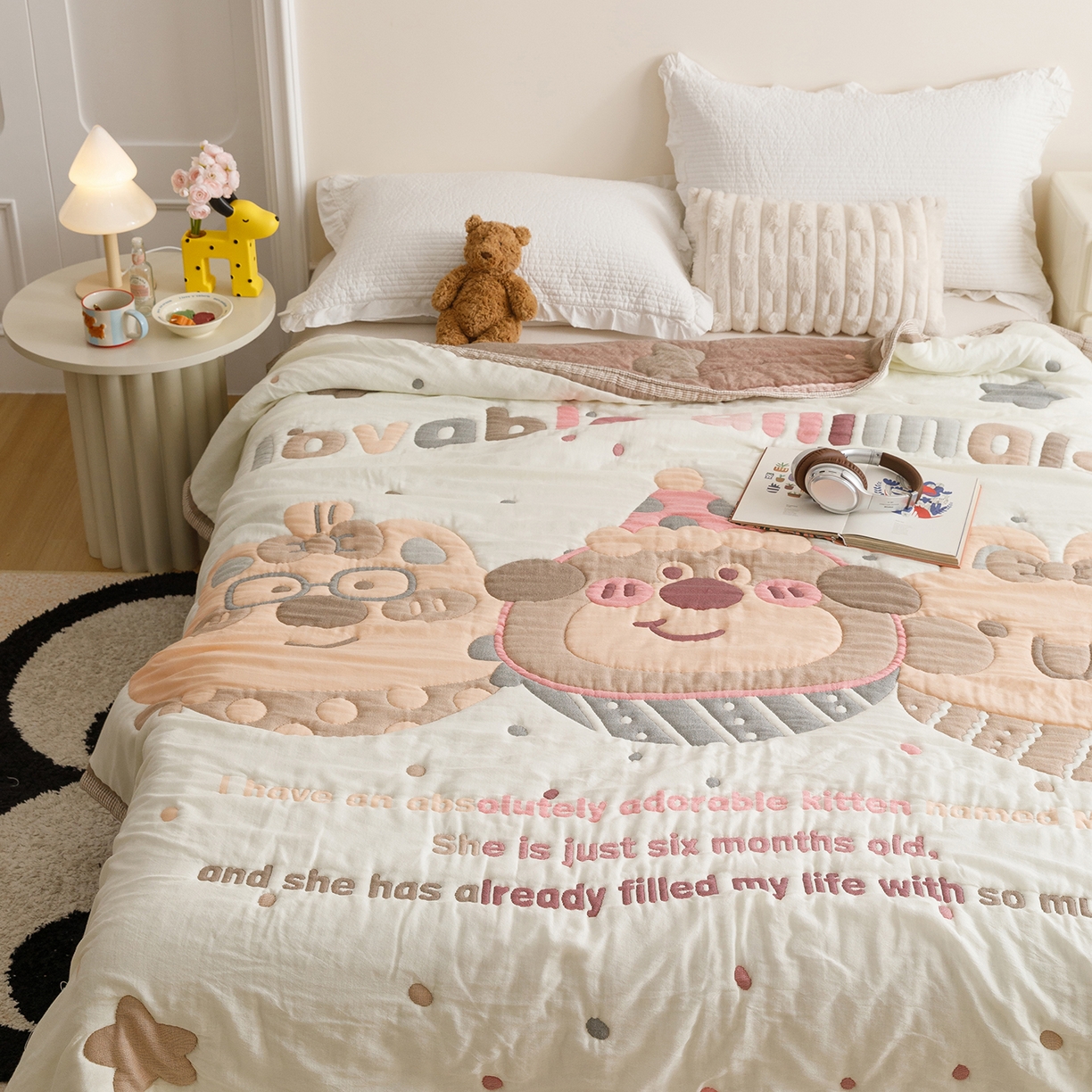 91家纺网 家纺一手货源 找家纺 朴尔家纺-毛巾被 2026新品纯棉云朵棉卡通独版十层加厚纱布泡芙被毛巾被 欢乐动物