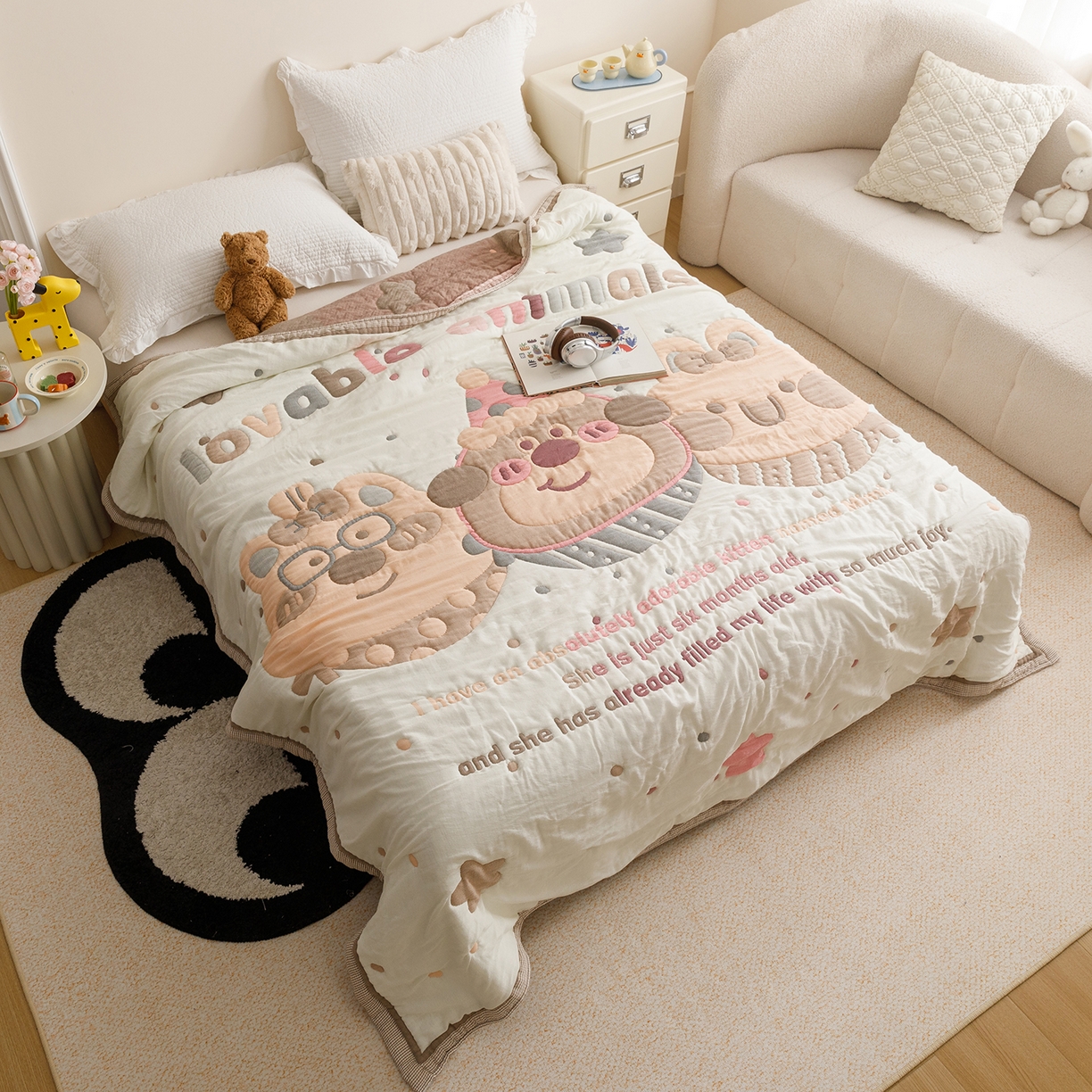 91家纺网 家纺一手货源 找家纺 朴尔家纺-毛巾被 2026新品纯棉云朵棉卡通独版十层加厚纱布泡芙被毛巾被 欢乐动物