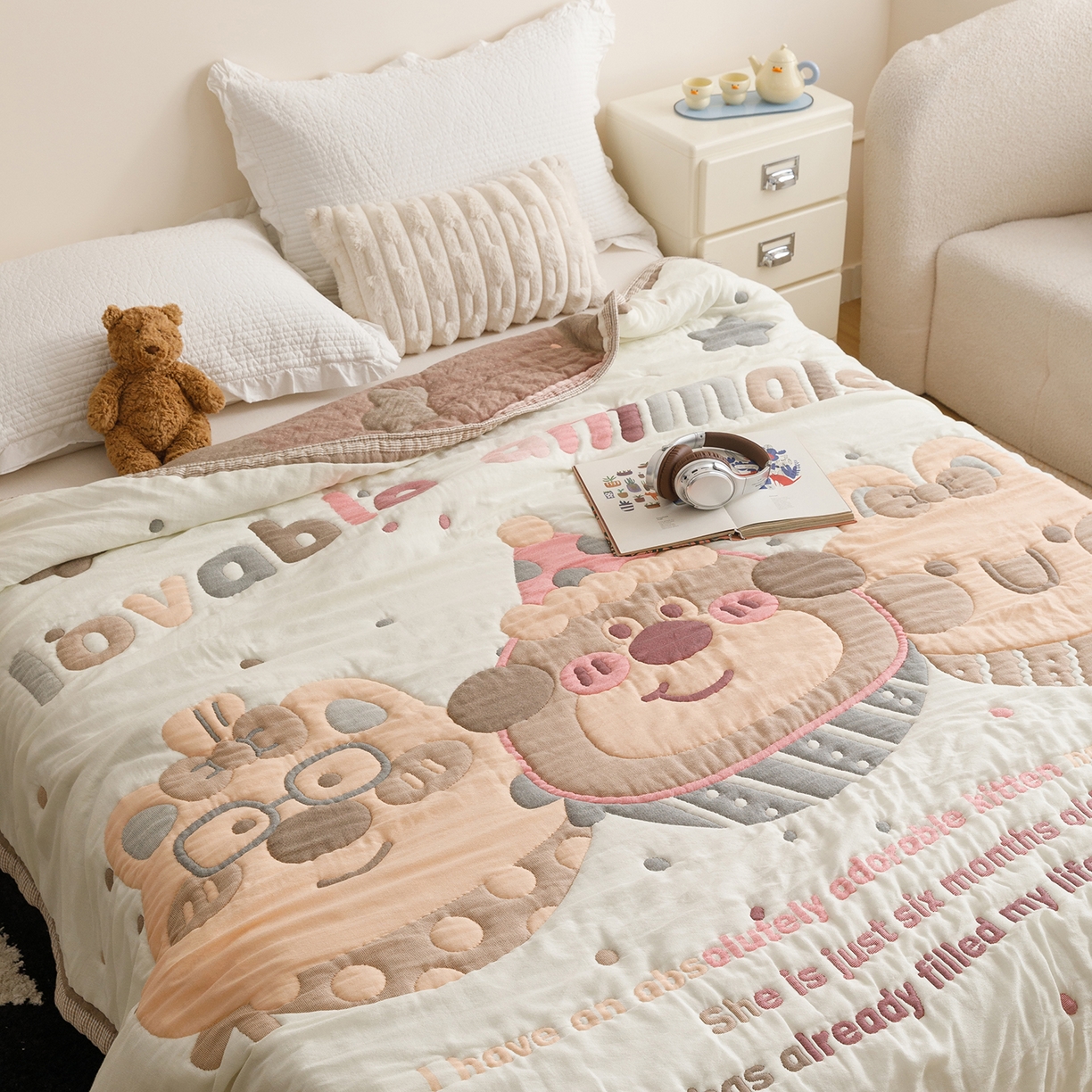 91家纺网 家纺一手货源 找家纺 朴尔家纺-毛巾被 2026新品纯棉云朵棉卡通独版十层加厚纱布泡芙被毛巾被 欢乐动物