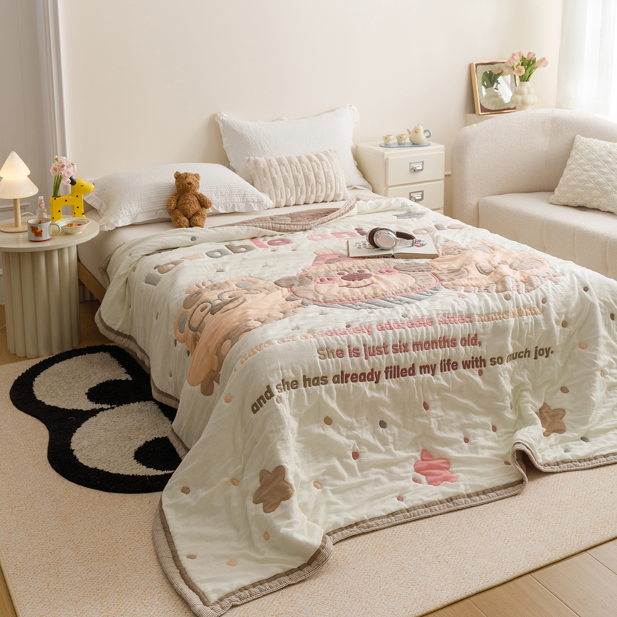 91家纺网 家纺一手货源 找家纺 朴尔家纺-毛巾被 2026新品纯棉云朵棉卡通独版十层加厚纱布泡芙被毛巾被 欢乐动物