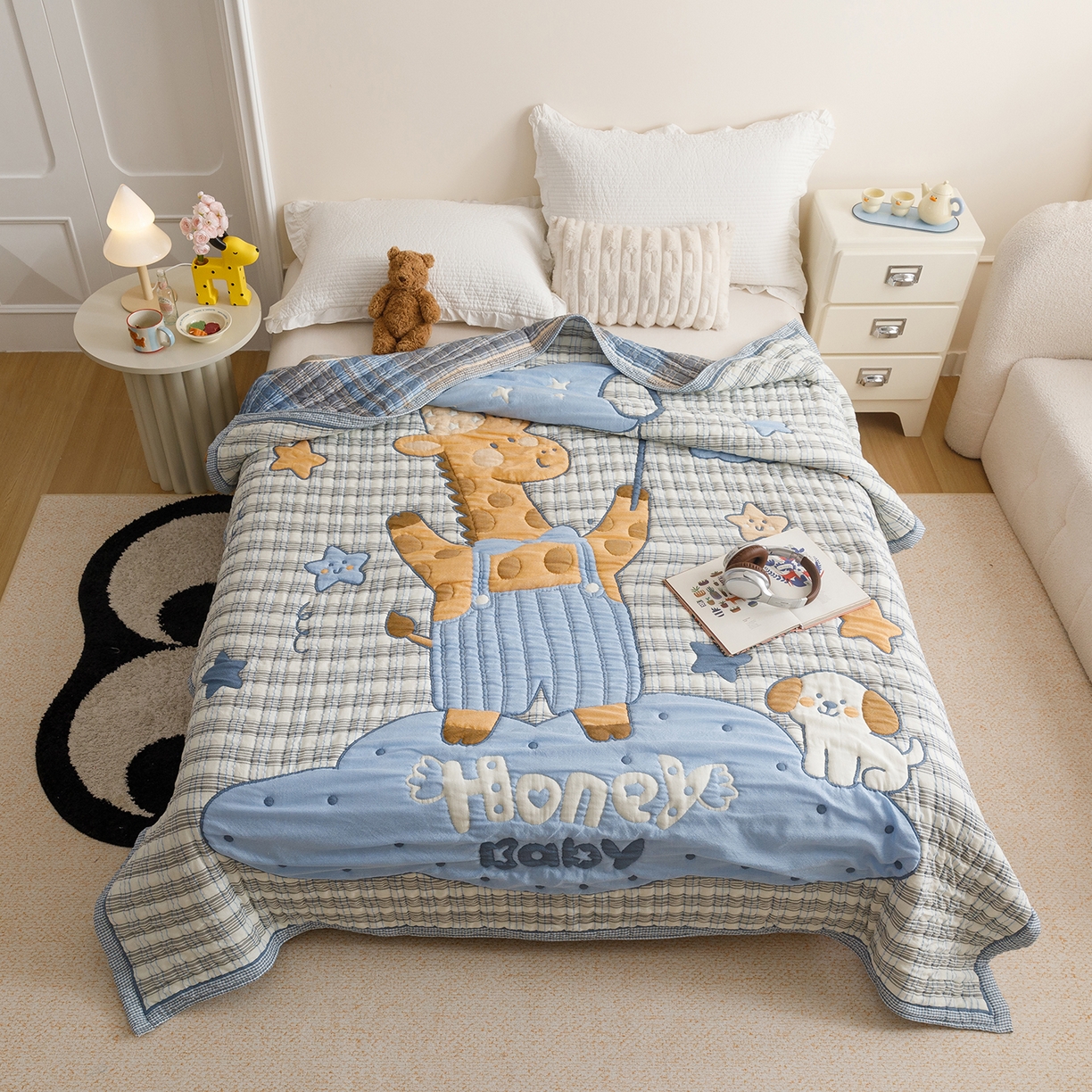 朴尔家纺-毛巾被 2026新品纯棉云朵棉卡通独版十层加厚纱布泡芙被毛巾被 蓝色长颈鹿