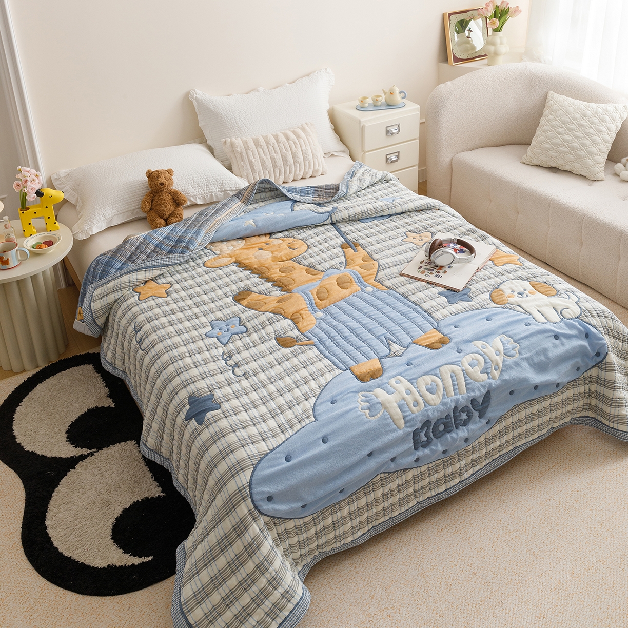 91家纺网 家纺一手货源 找家纺 朴尔家纺-毛巾被 2026新品纯棉云朵棉卡通独版十层加厚纱布泡芙被毛巾被 蓝色长颈鹿