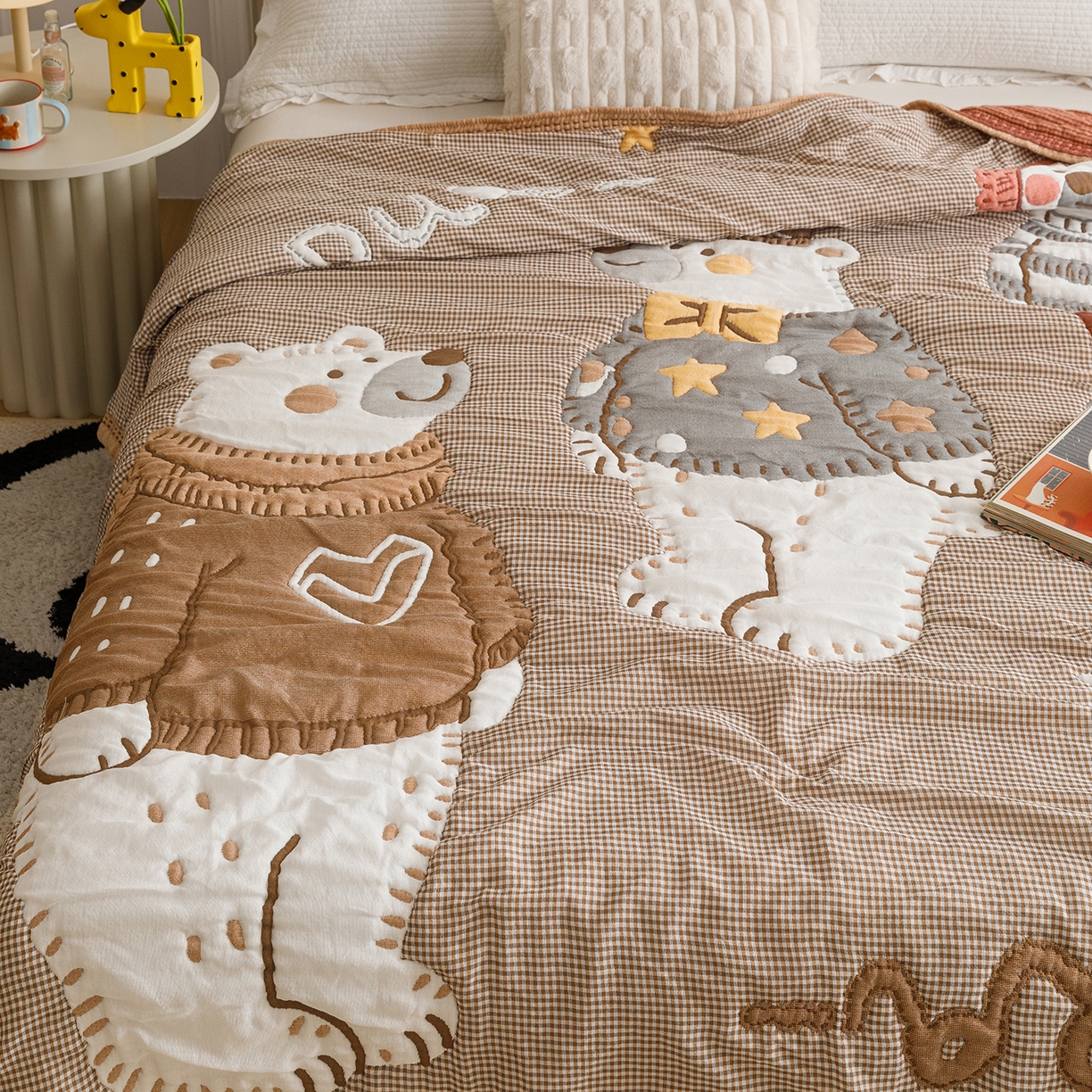 91家纺网 家纺一手货源 找家纺 朴尔家纺-毛巾被 2026新品纯棉云朵棉卡通独版十层加厚纱布泡芙被毛巾被 毛线熊宝