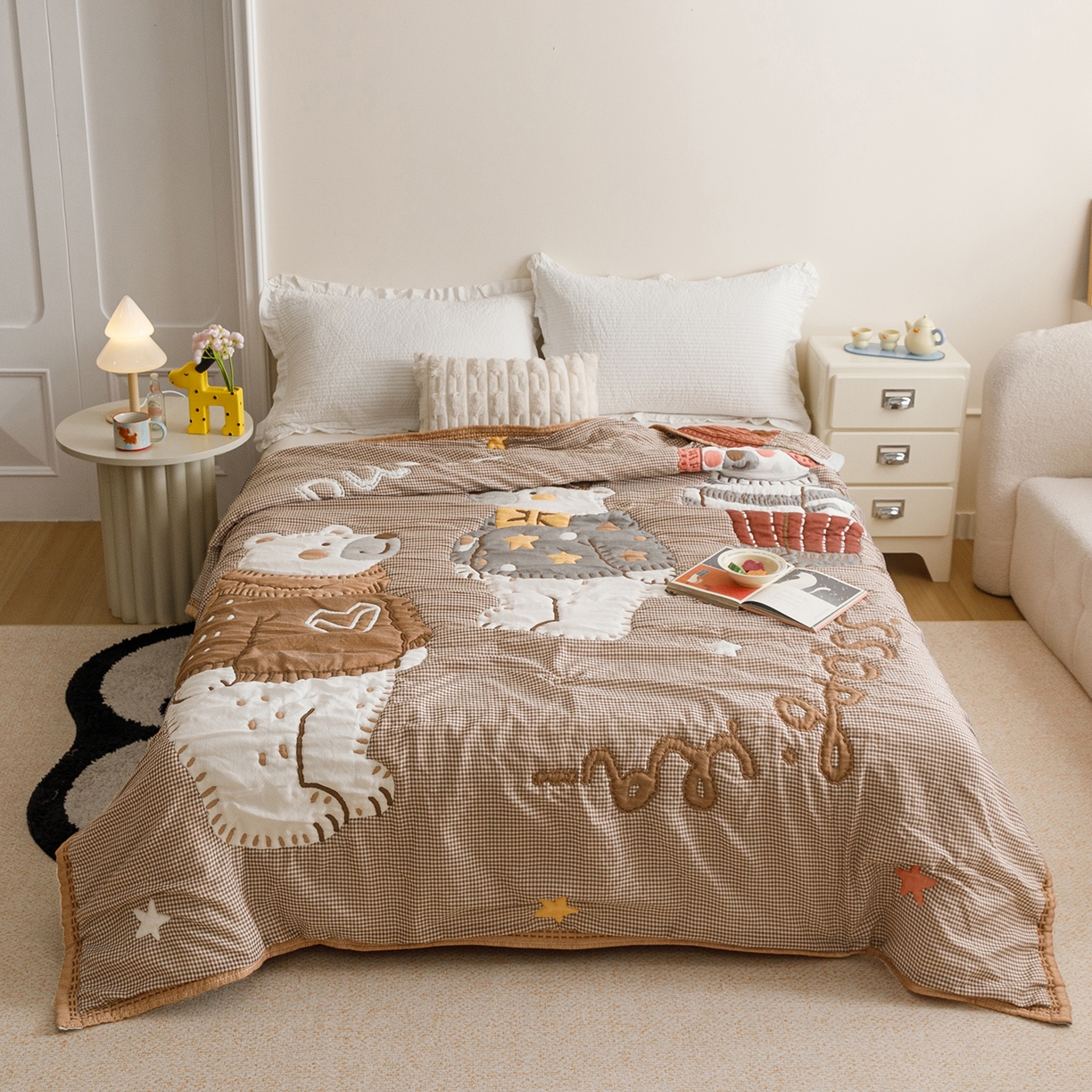 91家纺网 家纺一手货源 找家纺 朴尔家纺-毛巾被 2026新品纯棉云朵棉卡通独版十层加厚纱布泡芙被毛巾被 毛线熊宝