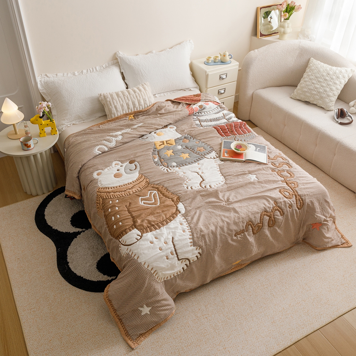 91家纺网 家纺一手货源 找家纺 朴尔家纺-毛巾被 2026新品纯棉云朵棉卡通独版十层加厚纱布泡芙被毛巾被 毛线熊宝