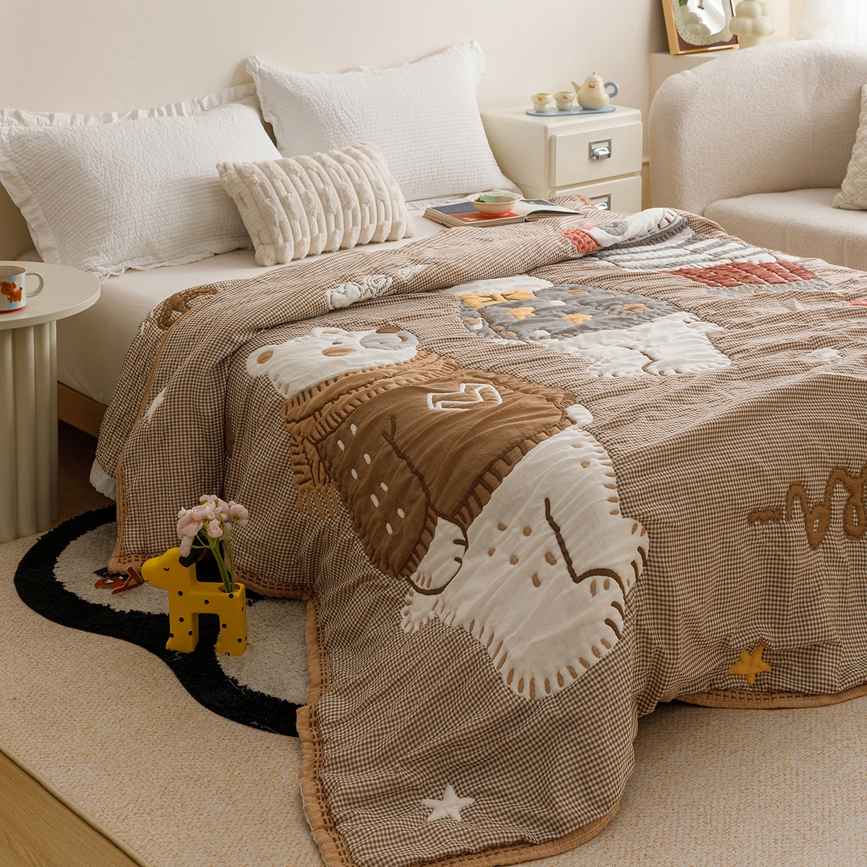 91家纺网 家纺一手货源 找家纺 朴尔家纺-毛巾被 2026新品纯棉云朵棉卡通独版十层加厚纱布泡芙被毛巾被 毛线熊宝