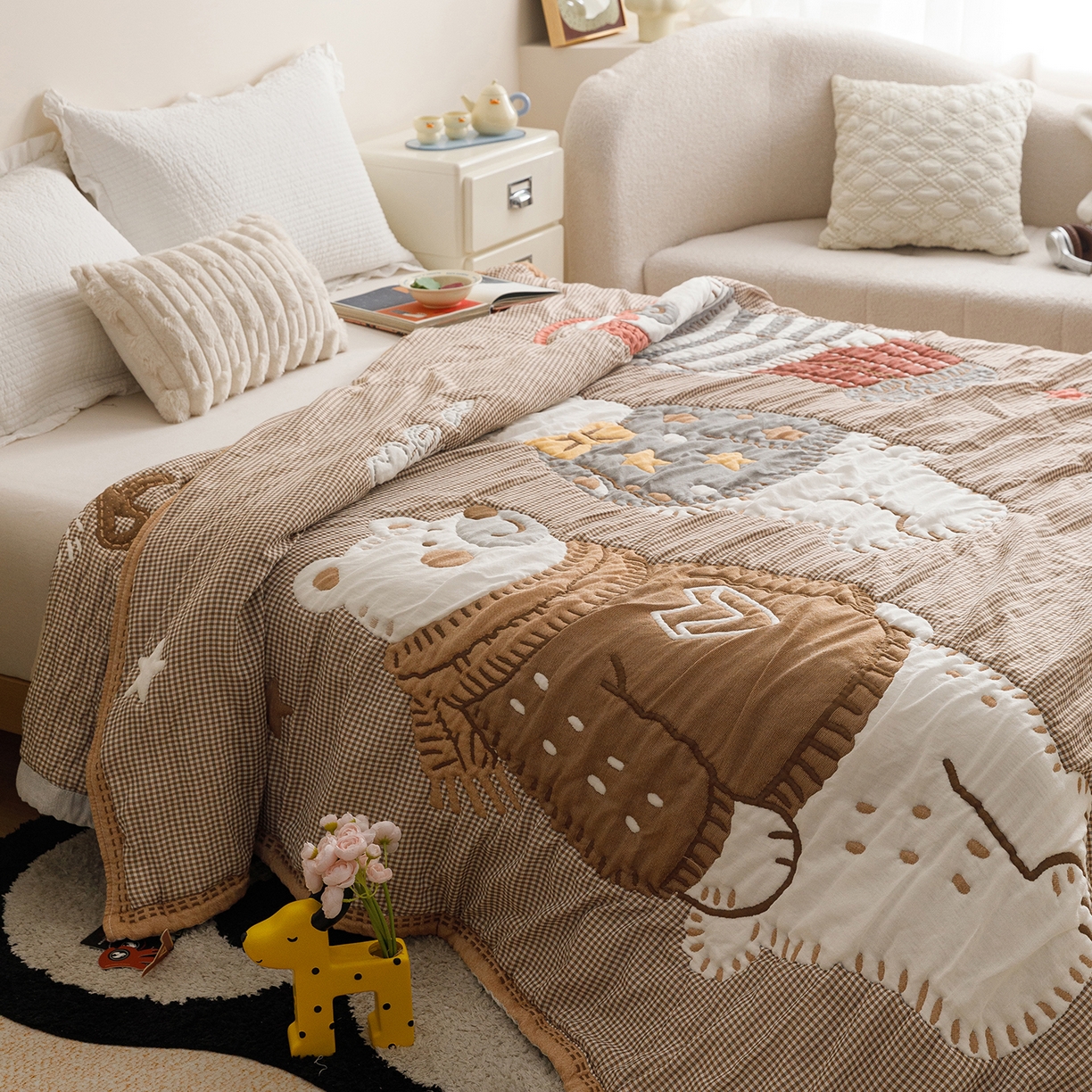 91家纺网 家纺一手货源 找家纺 朴尔家纺-毛巾被 2026新品纯棉云朵棉卡通独版十层加厚纱布泡芙被毛巾被 毛线熊宝