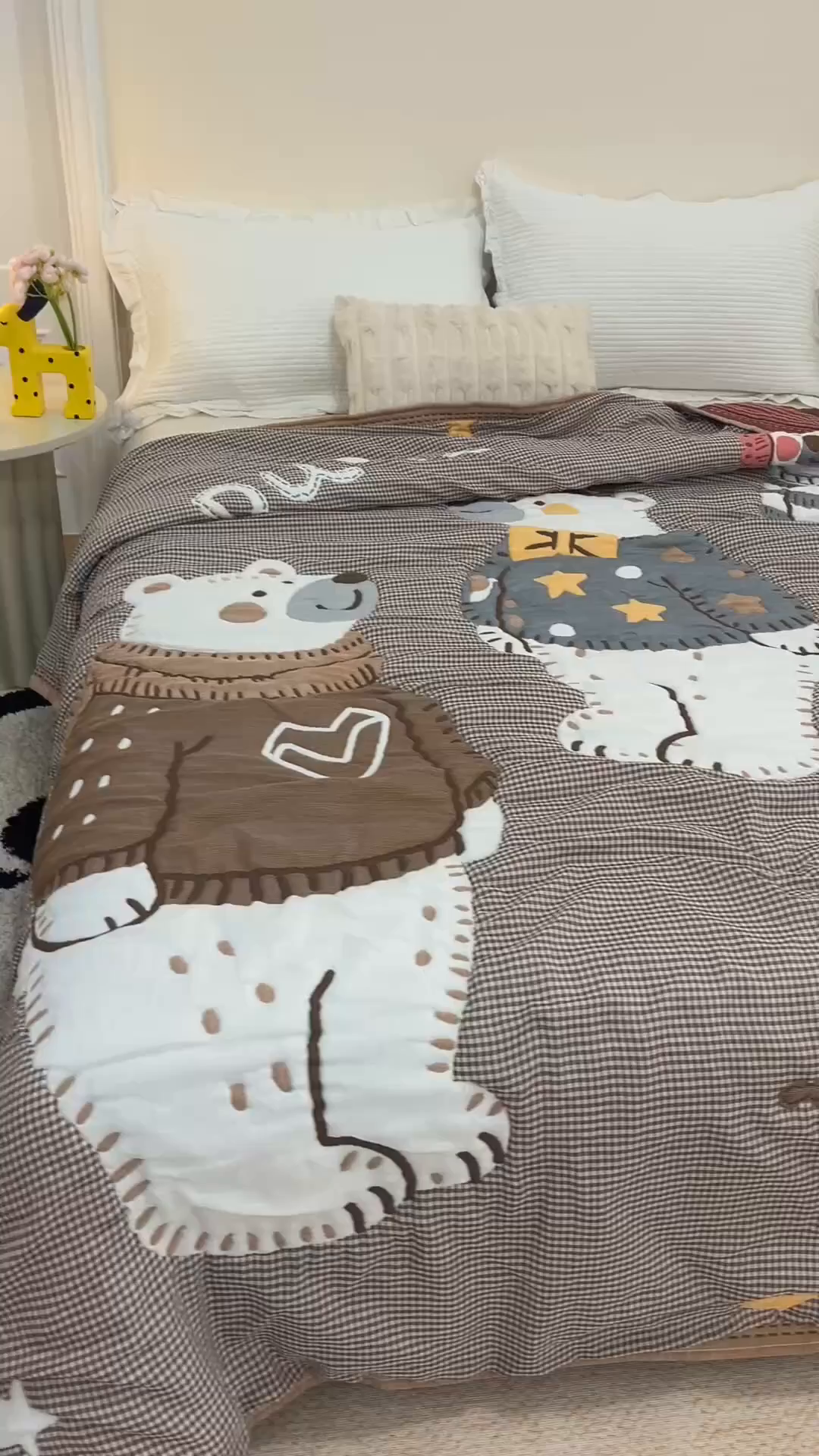 91家纺网 家纺一手货源 找家纺 朴尔家纺-毛巾被 2026新品纯棉云朵棉卡通独版十层加厚纱布泡芙被毛巾被 毛线熊宝