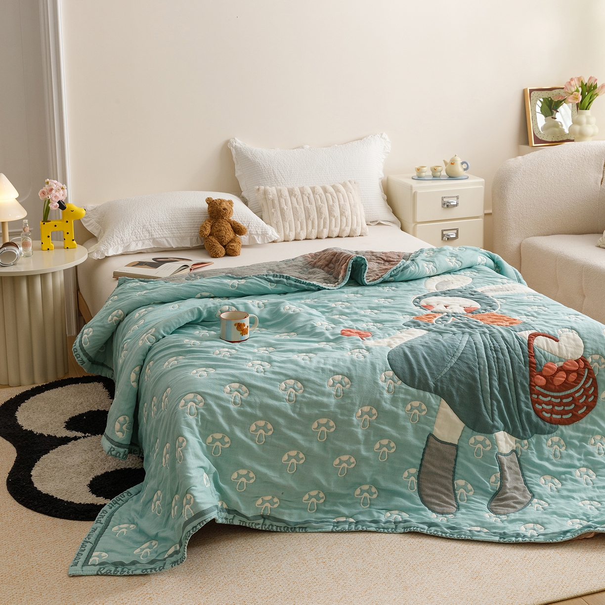 91家纺网 家纺一手货源 找家纺 朴尔家纺-毛巾被 2026新品纯棉云朵棉卡通独版十层加厚纱布泡芙被毛巾被 蘑菇兔兔