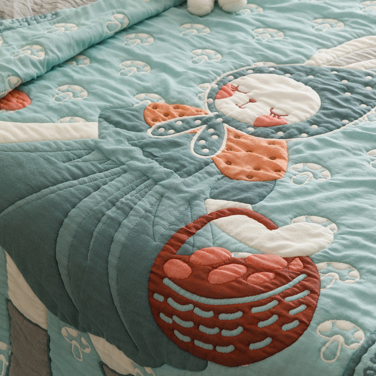 91家纺网 家纺一手货源 找家纺 朴尔家纺-毛巾被 2026新品纯棉云朵棉卡通独版十层加厚纱布泡芙被毛巾被 蘑菇兔兔