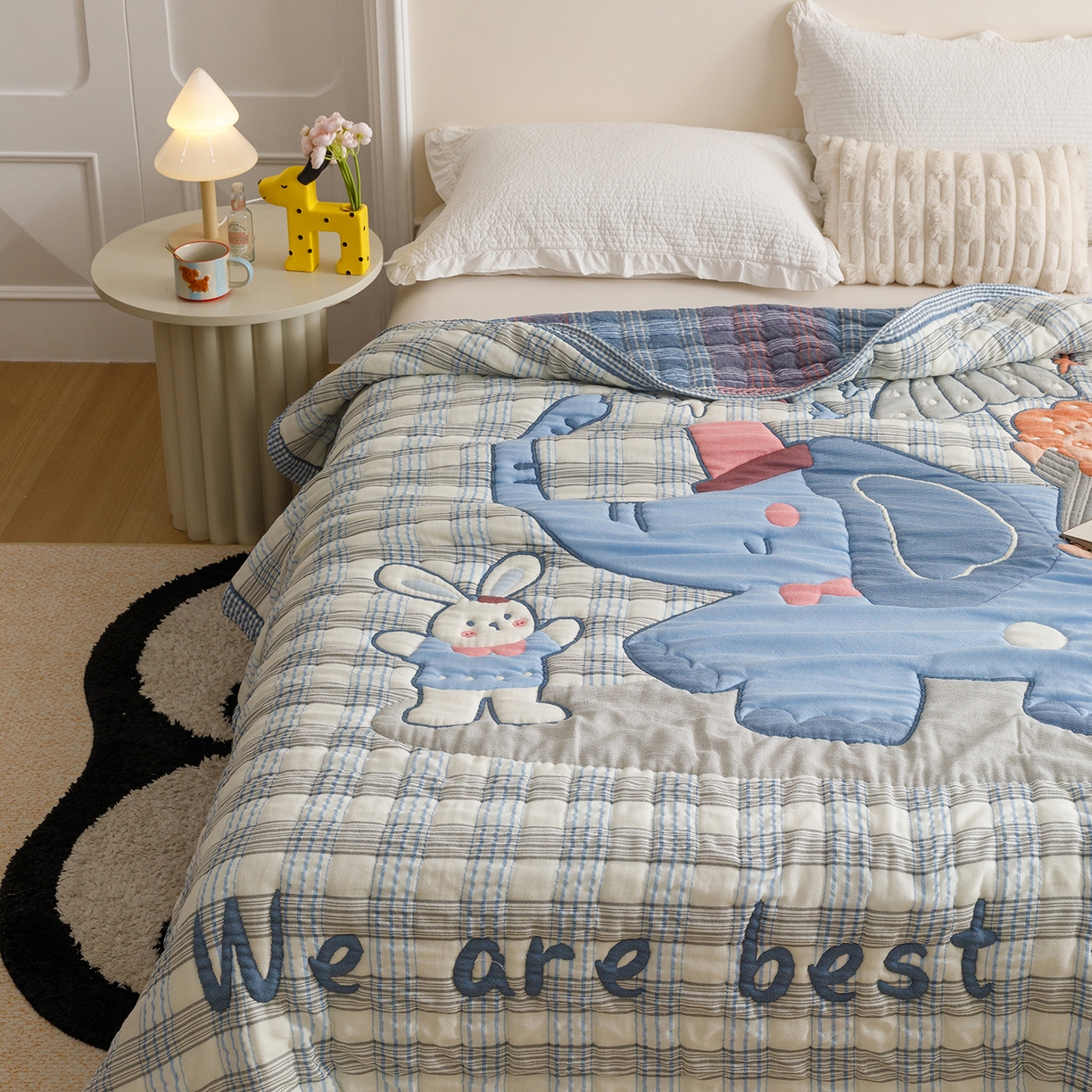 91家纺网 家纺一手货源 找家纺 朴尔家纺-毛巾被 2026新品纯棉云朵棉卡通独版十层加厚纱布泡芙被毛巾被 棋盘萌象