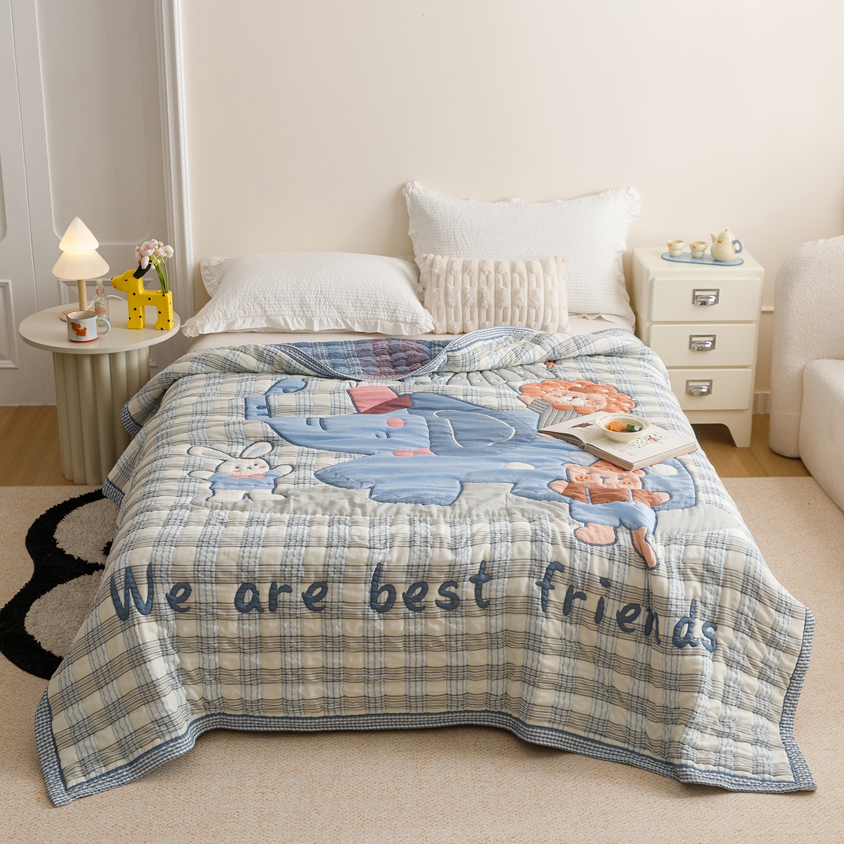 91家纺网 家纺一手货源 找家纺 朴尔家纺-毛巾被 2026新品纯棉云朵棉卡通独版十层加厚纱布泡芙被毛巾被 棋盘萌象