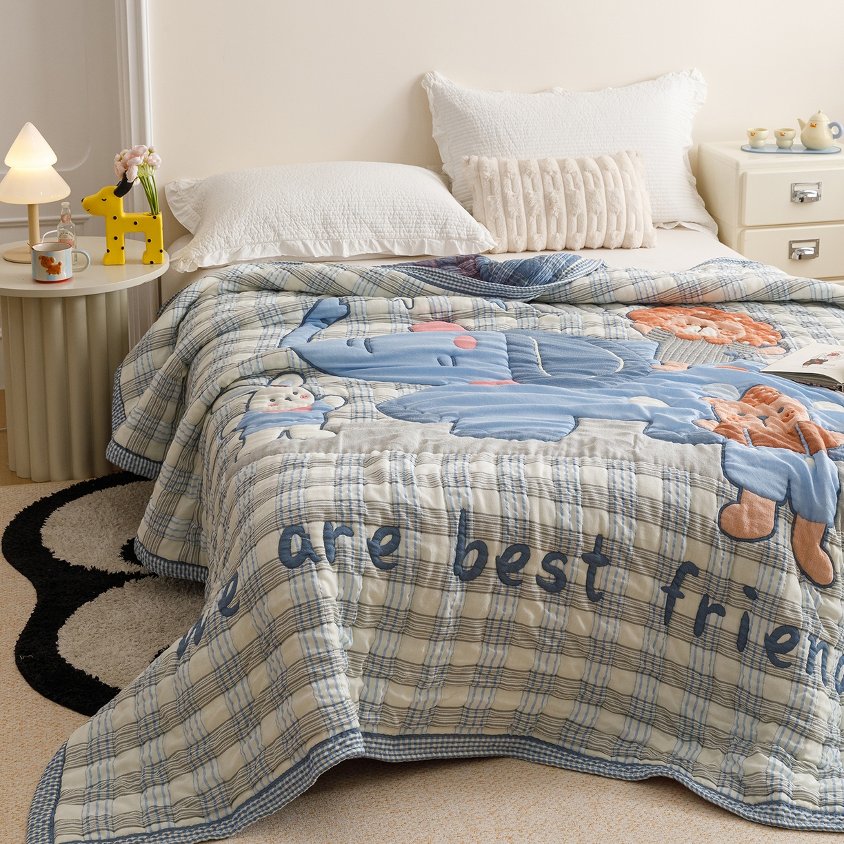 91家纺网 家纺一手货源 找家纺 朴尔家纺-毛巾被 2026新品纯棉云朵棉卡通独版十层加厚纱布泡芙被毛巾被 棋盘萌象