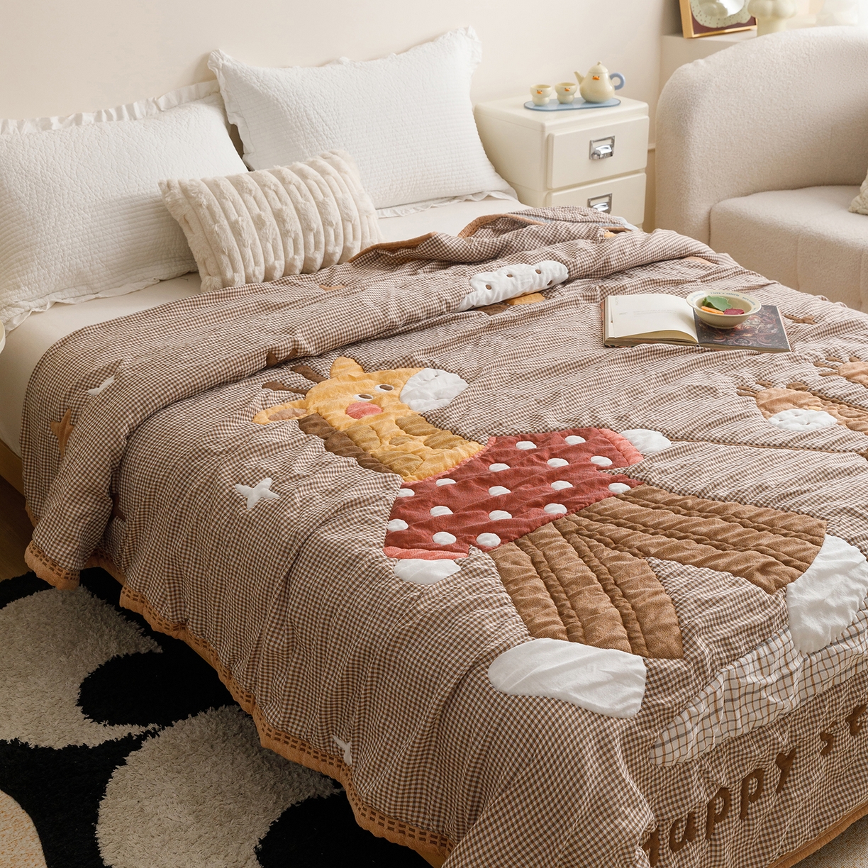 91家纺网 家纺一手货源 找家纺 朴尔家纺-毛巾被 2026新品纯棉云朵棉卡通独版十层加厚纱布泡芙被毛巾被 亲子时刻