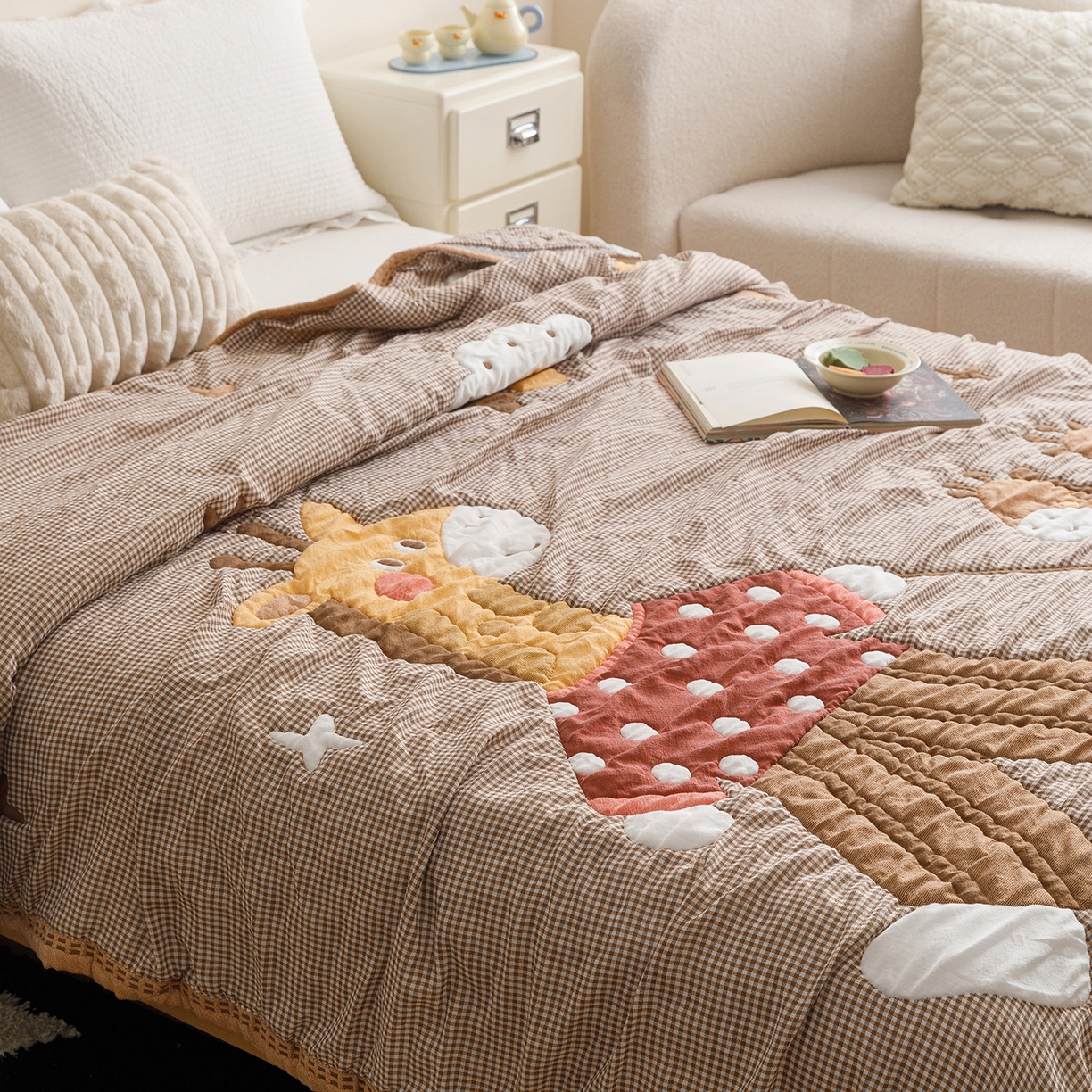 91家纺网 家纺一手货源 找家纺 朴尔家纺-毛巾被 2026新品纯棉云朵棉卡通独版十层加厚纱布泡芙被毛巾被 亲子时刻