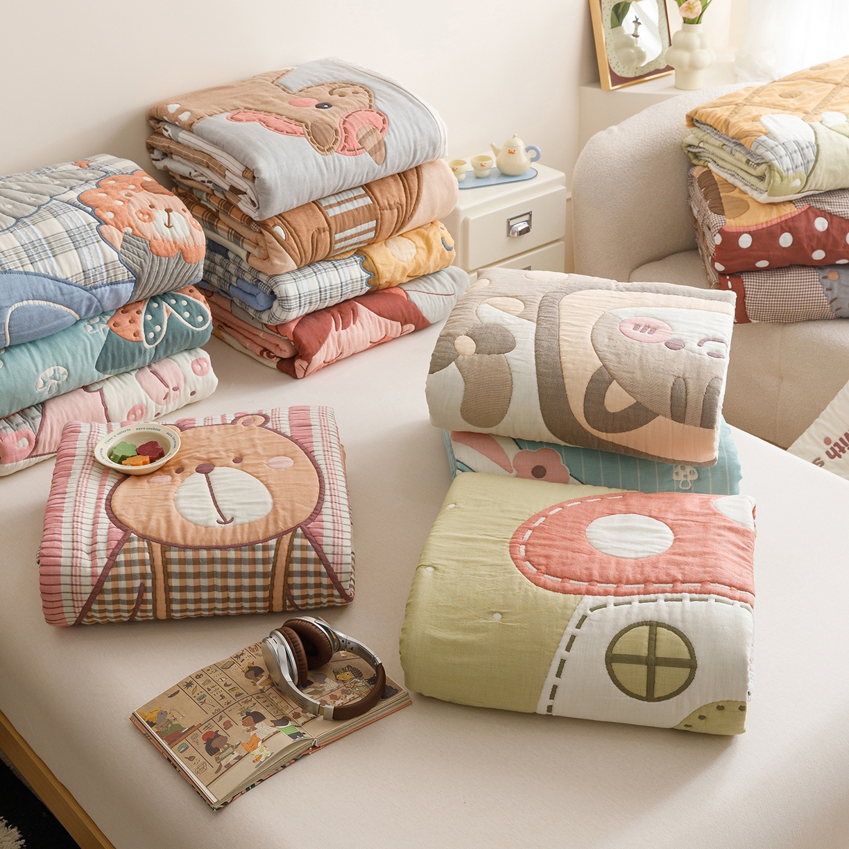 朴尔家纺-毛巾被 2026新品纯棉云朵棉卡通独版十层加厚纱布泡芙被毛巾被 组合图