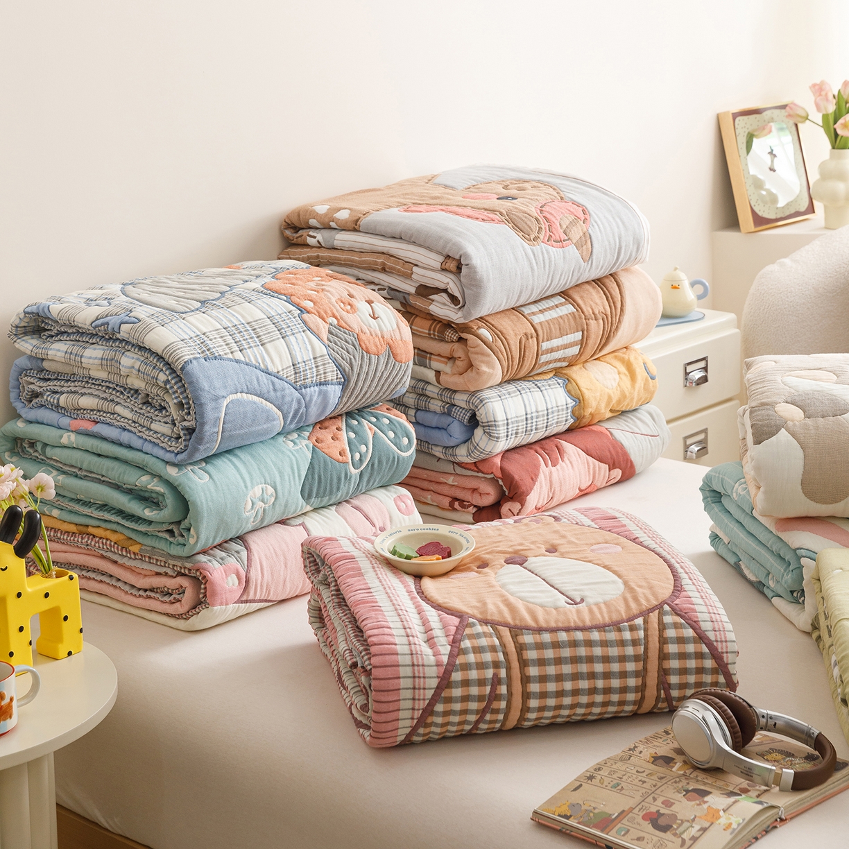 91家纺网 家纺一手货源 找家纺 朴尔家纺-毛巾被 2026新品纯棉云朵棉卡通独版十层加厚纱布泡芙被毛巾被 组合图