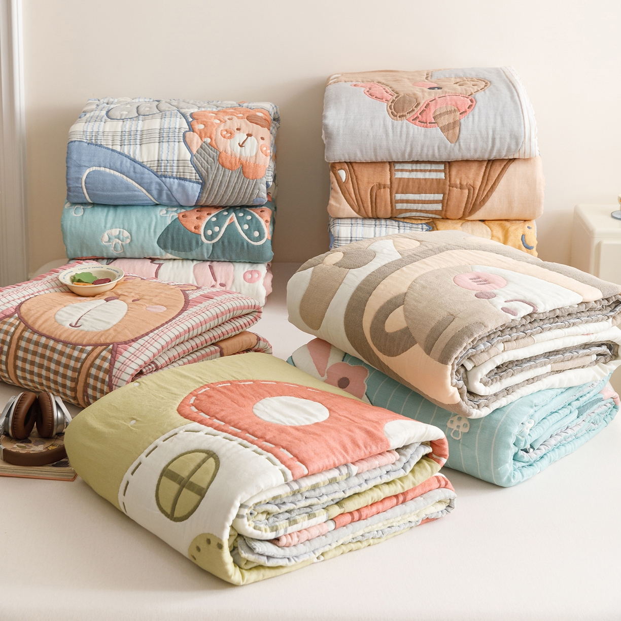 91家纺网 家纺一手货源 找家纺 朴尔家纺-毛巾被 2026新品纯棉云朵棉卡通独版十层加厚纱布泡芙被毛巾被 组合图