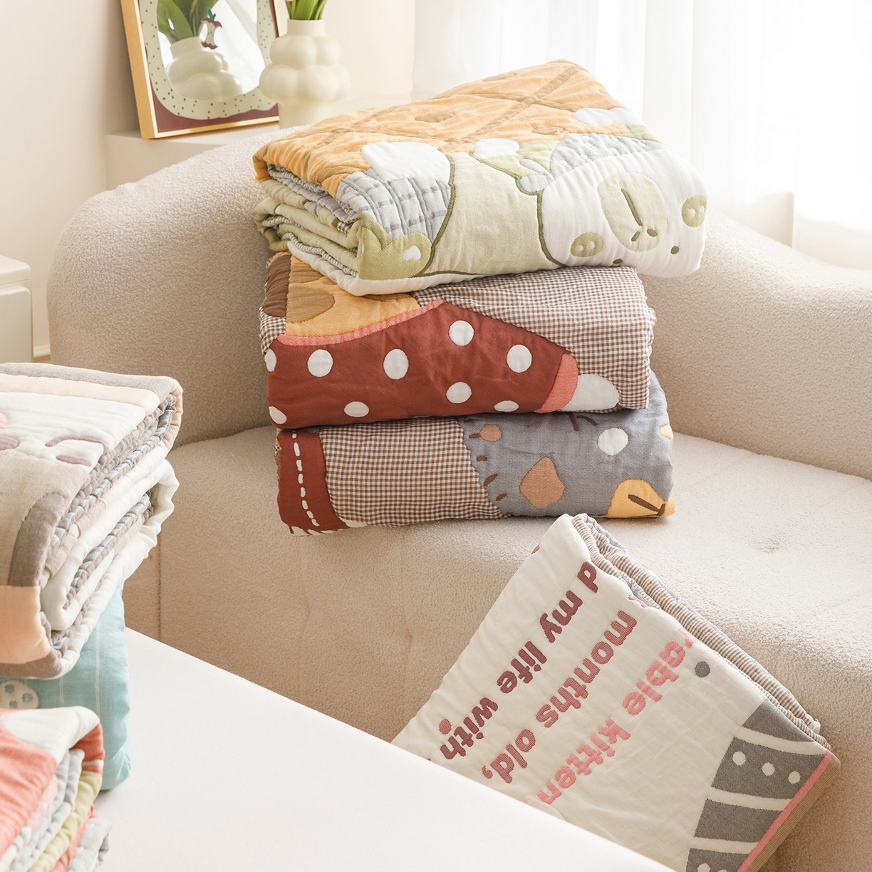 91家纺网 家纺一手货源 找家纺 朴尔家纺-毛巾被 2026新品纯棉云朵棉卡通独版十层加厚纱布泡芙被毛巾被 组合图