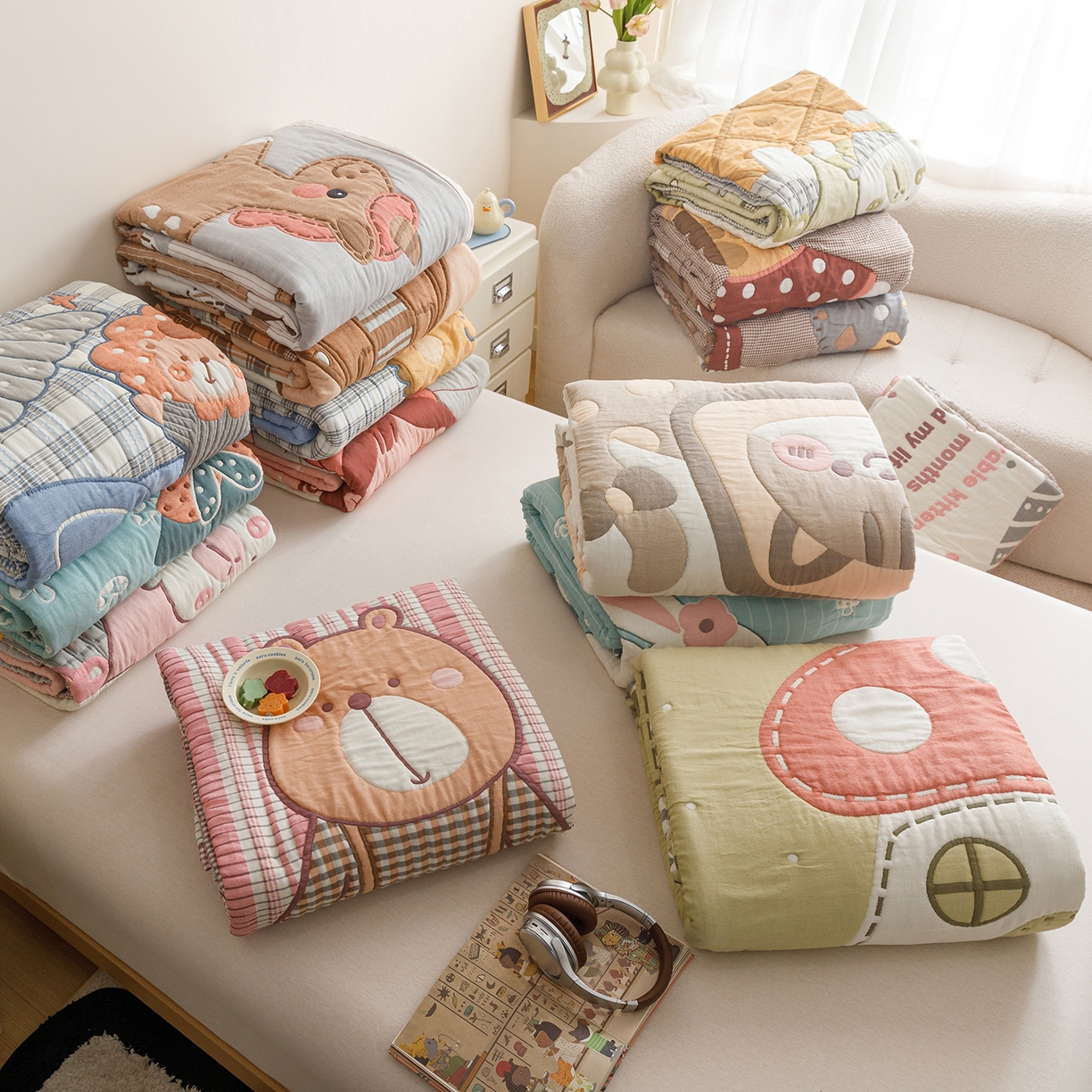 91家纺网 家纺一手货源 找家纺 朴尔家纺-毛巾被 2026新品纯棉云朵棉卡通独版十层加厚纱布泡芙被毛巾被 组合图