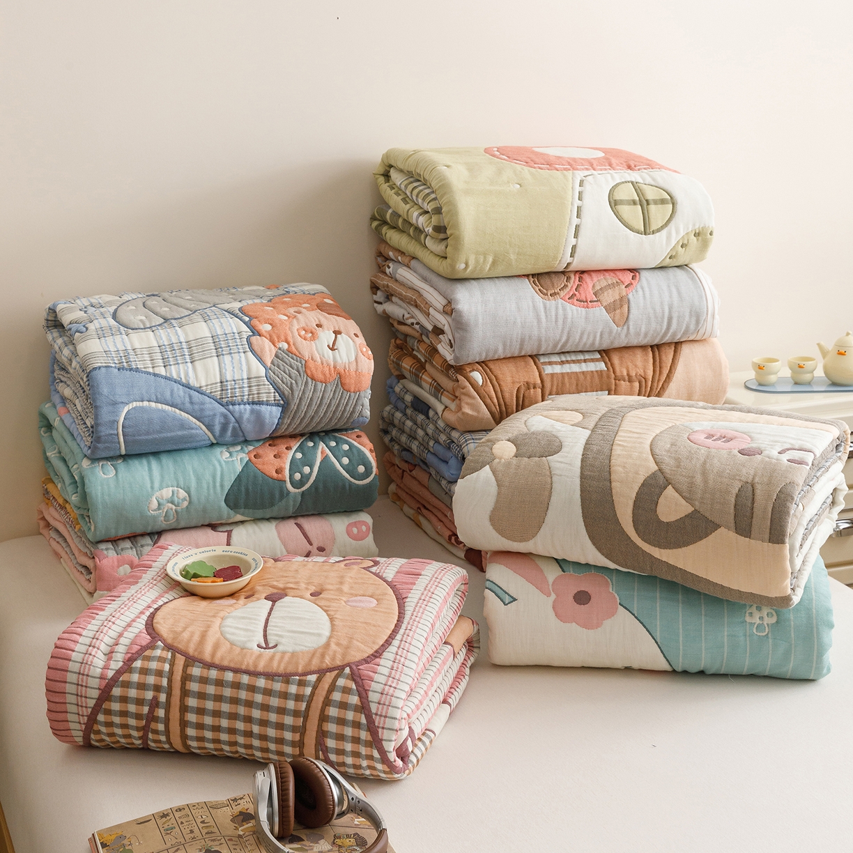 91家纺网 家纺一手货源 找家纺 朴尔家纺-毛巾被 2026新品纯棉云朵棉卡通独版十层加厚纱布泡芙被毛巾被 组合图